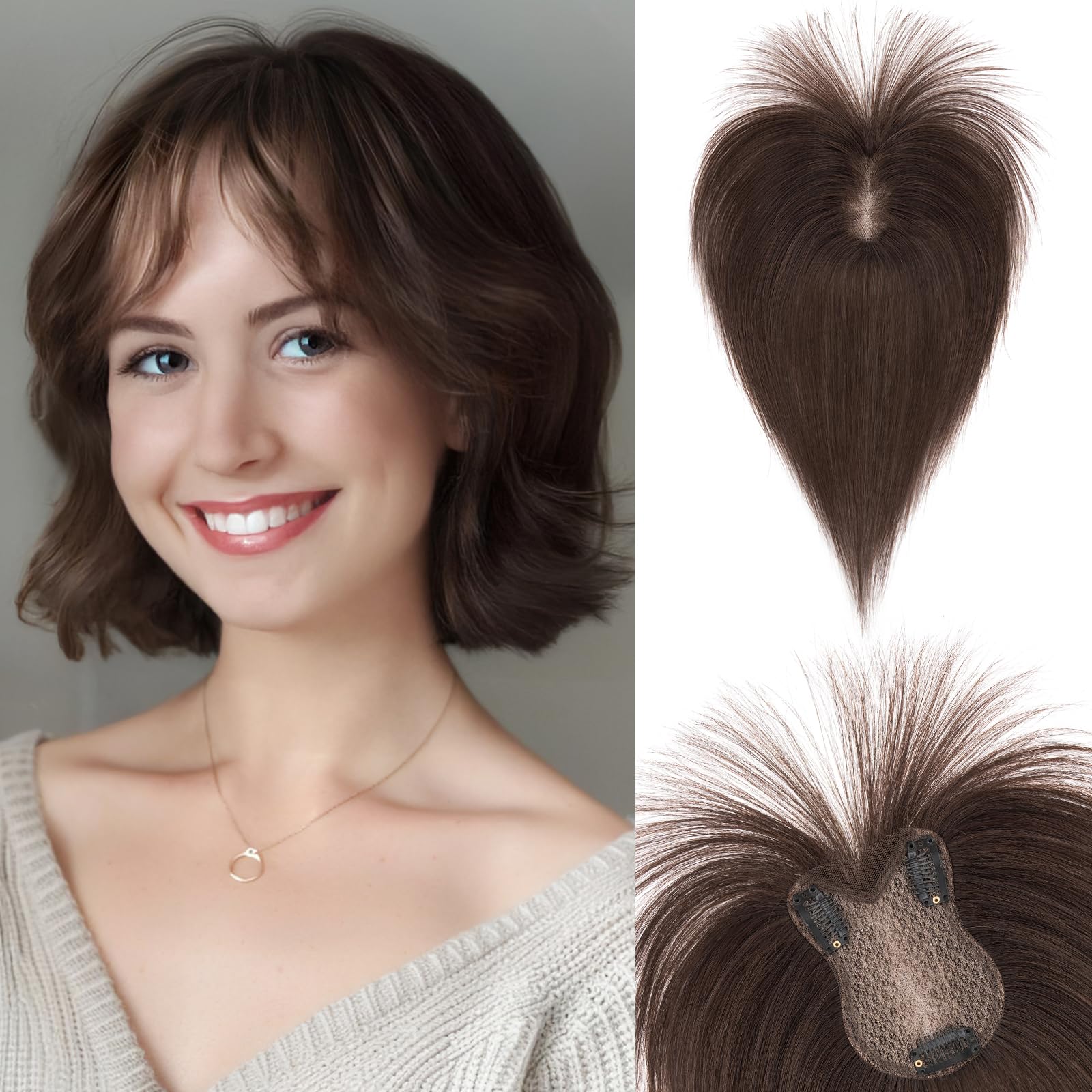 SEGO Human Hair Toppers With Bangs Double-Layer Hand-stitched Thinning Hair Toppers 3603D Coverage Hair Pieces Clip on Bangs for