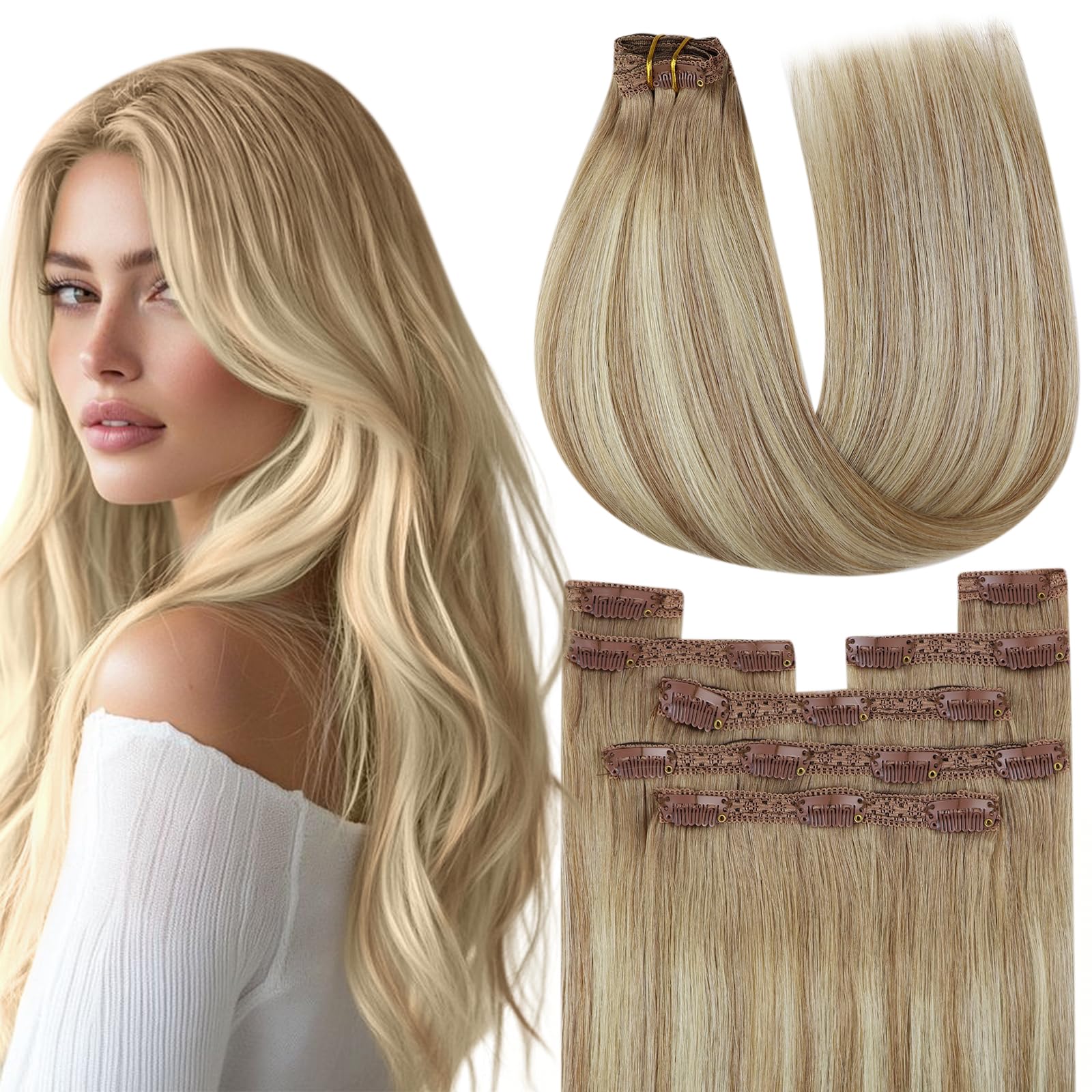 YoungSee Clip in Human Hair Extensions Blonde Balayage Human Hair Clip in Extensions Golden Brown Mix Platinum Blonde Clips in H