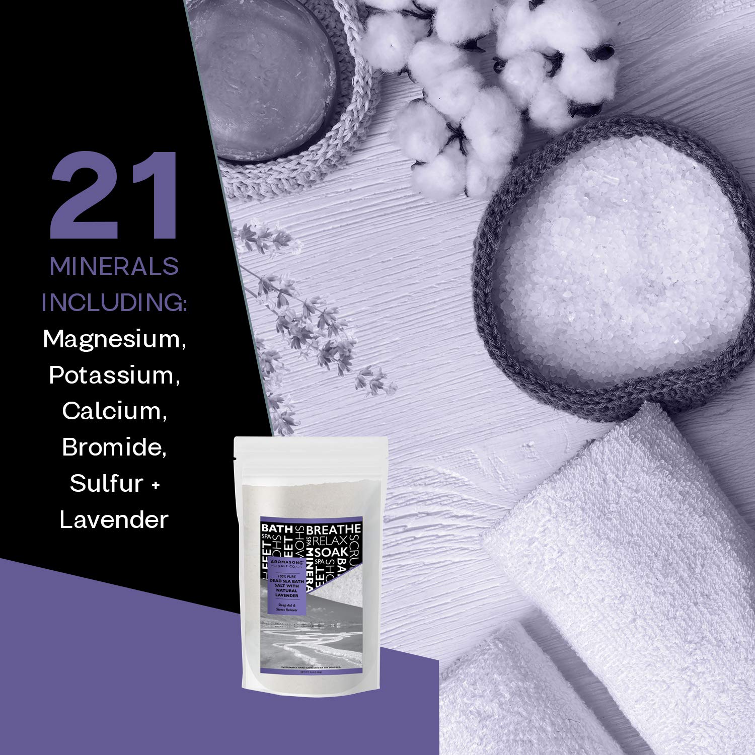 Aromasong Pure Dead Sea Salt For Soaking With 100% Natural Lavender Essential Oil - 2.43 Lb Spa Bath Salt In Resealable Pack - S