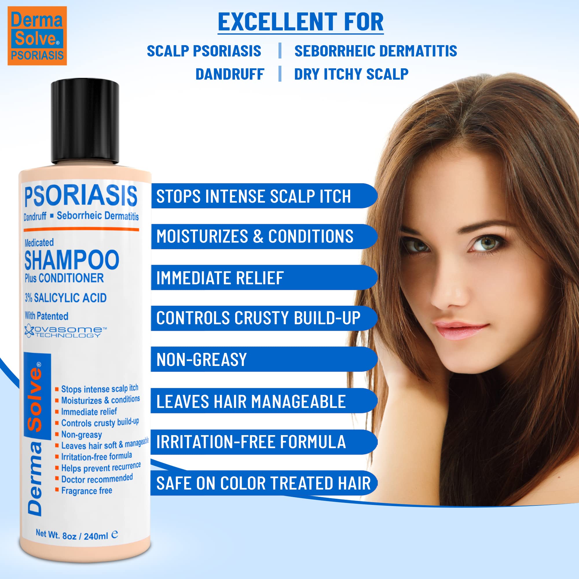 Dermasolve Psoriasis & Dandruff Shampoo + Conditioner, 8 oz - Heals Itchy, Flaky Skin, Soothes & Moisturizes Inflamed Scalp
