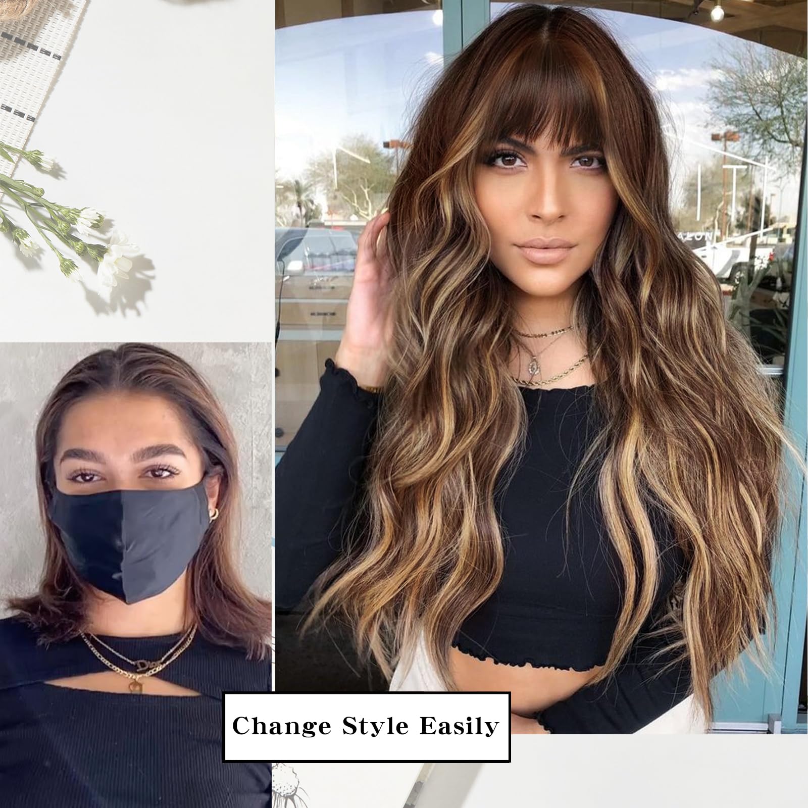 Aisi Queens Wigs With Bangs Brown Highlight Wigs For Women Long Wavy Wigs With Dark Roots Synthetic Heat Resistant Fibre Brown M