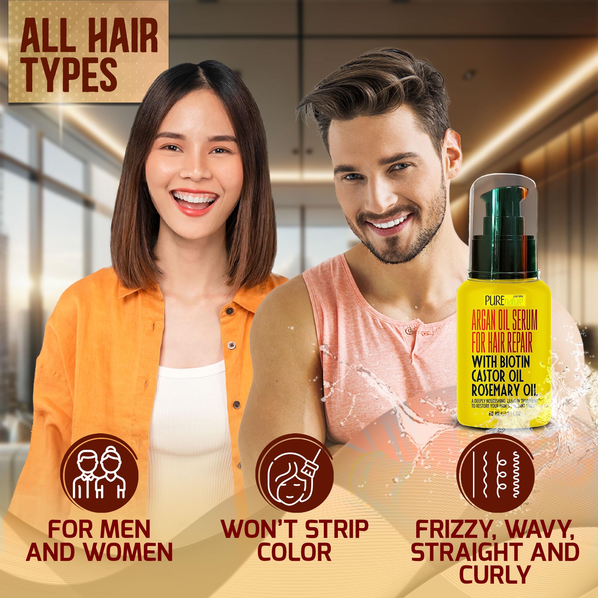 Moroccan Argan Oil Hair Serum With Biotin, Castor Oil, Rosemary Oil - Heat Protectant Treatment For Women And Men - Anti Frizz S