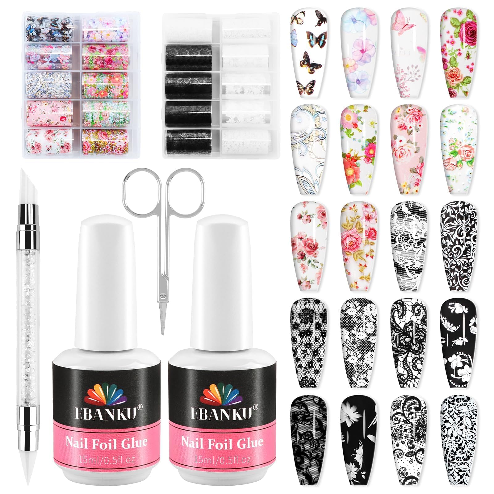EBANKU Nail Foil Glue Gel, 20 Pcs Nail Art Foil with 30ML Glue, Flower Foils Transfer Stickers Transfer Foils Gels Polish Set fo