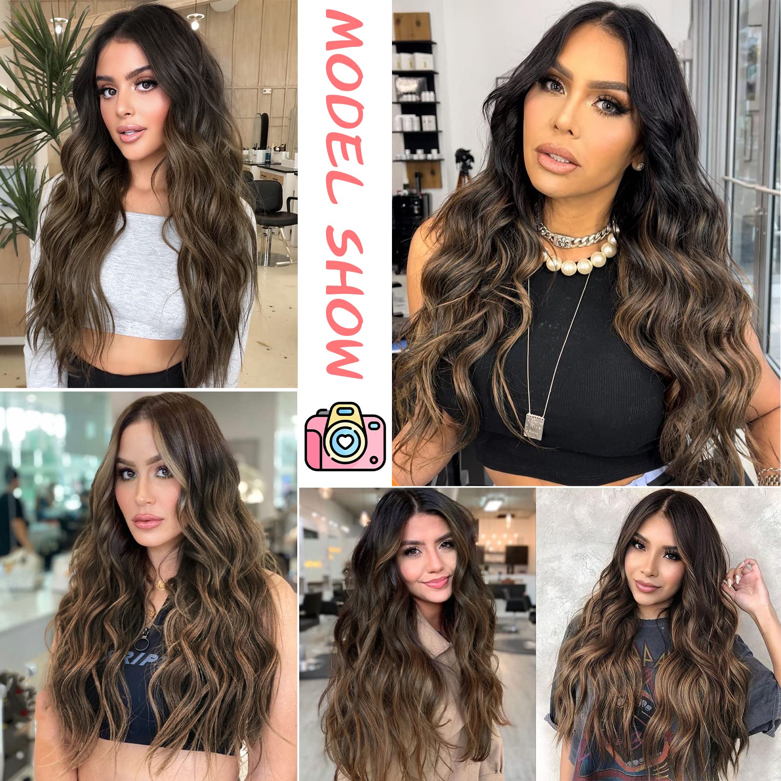 AISI QUEENS Long Brown Wavy Wigs for Women, Ombre Brown Curly Wig Middle Part Hair Replacement Wigs Synthetic Heat Resistant Fib