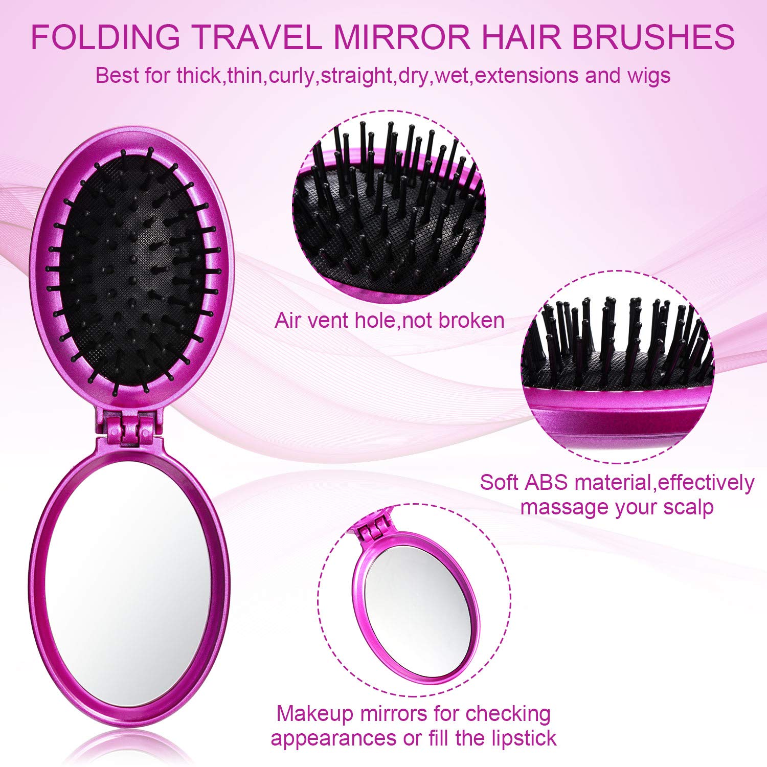 2 Pieces Travel Mirror Hair Brushes - Round Pocket Brush, Mini Compact Massage Comb For Women And Girls (Blue, Purple)