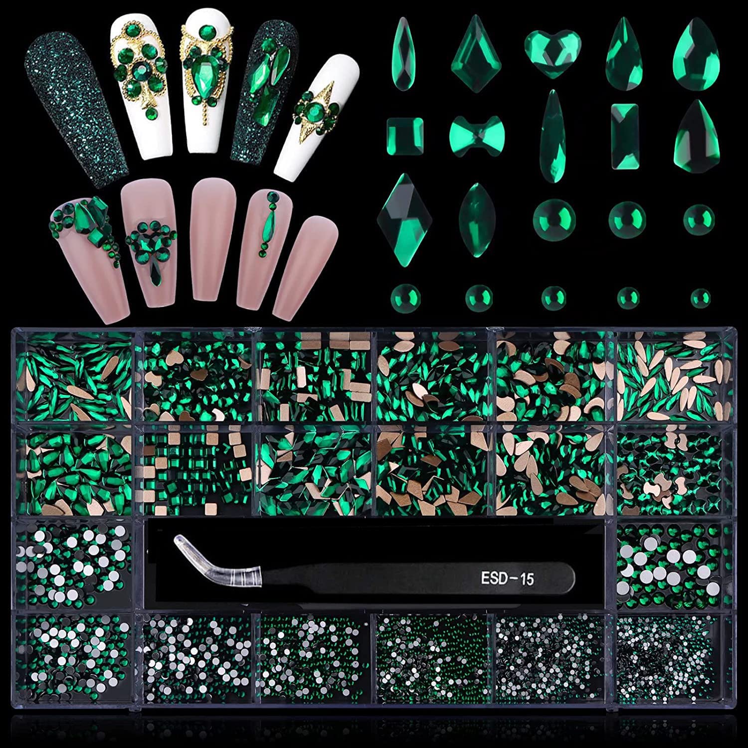 3100Pcs Green Rhinestones for Nail EBANKU 12 Types of 600 Nail Diamonds +2500 Flat Rhinestones Kit St.Patrick'sDay Mixed Shape A