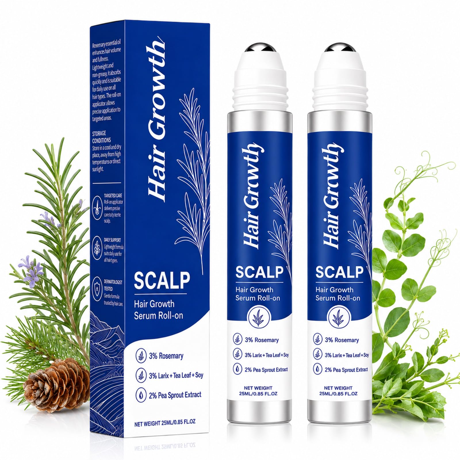 2Pcs Growth Hair Roll On Serum,Hair Density Serum for Thicker Enriched,Lightweight Hairs Care Treatment for Scalp & Roots,Fast R