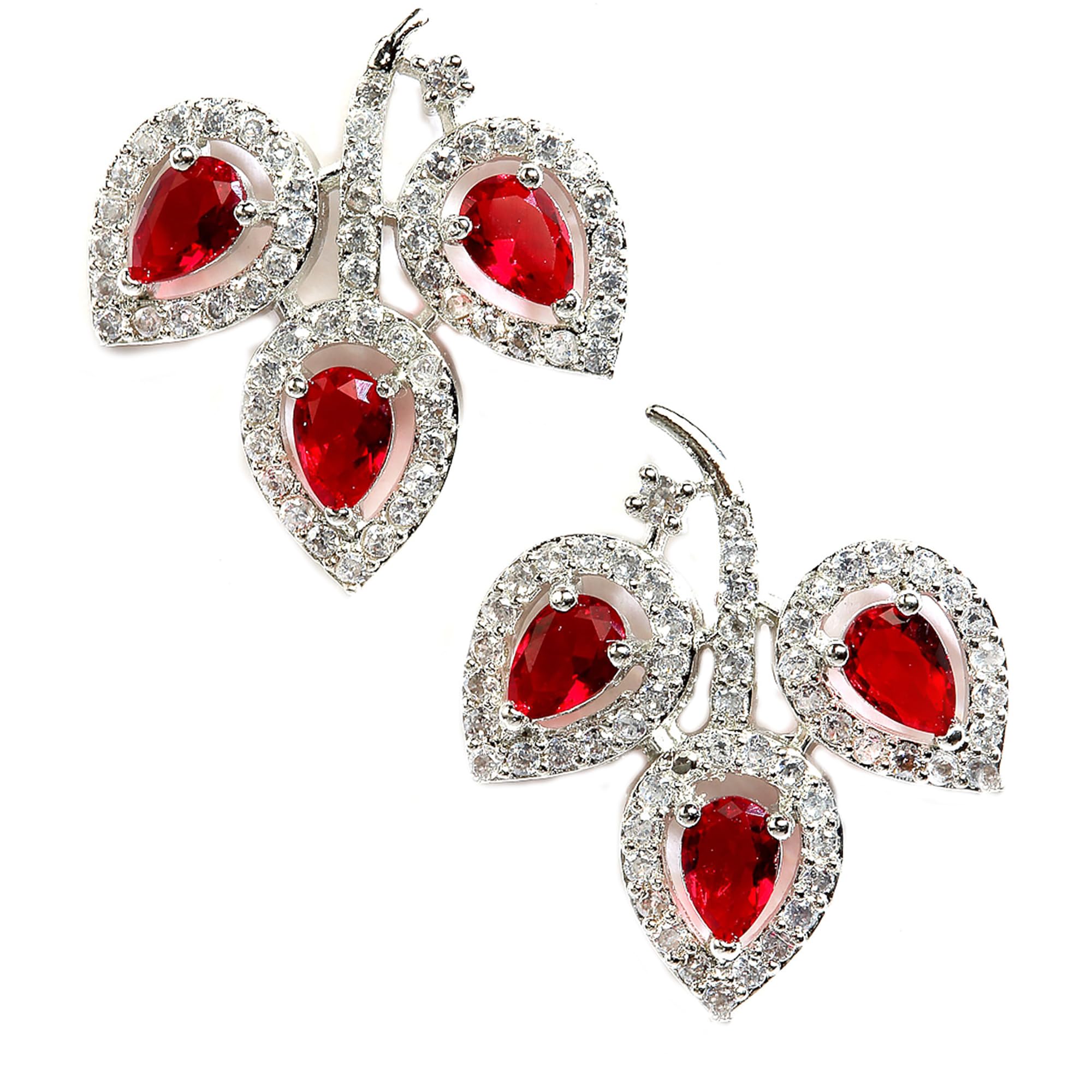 Zeneme Leaf Shaped Rhodium Plated American Diamond Stud Earring For Women And Girls (Red)