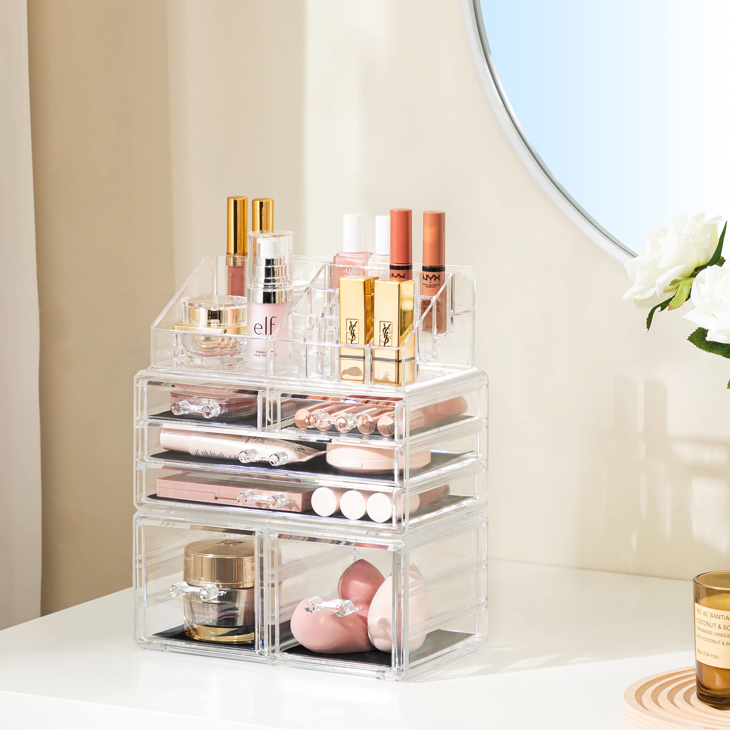 Hblife Acrylic Clear Dustproof Makeup Storage Organizer Drawers Large Skin Care Cosmetic Display Cases For Bathroom Stackable St