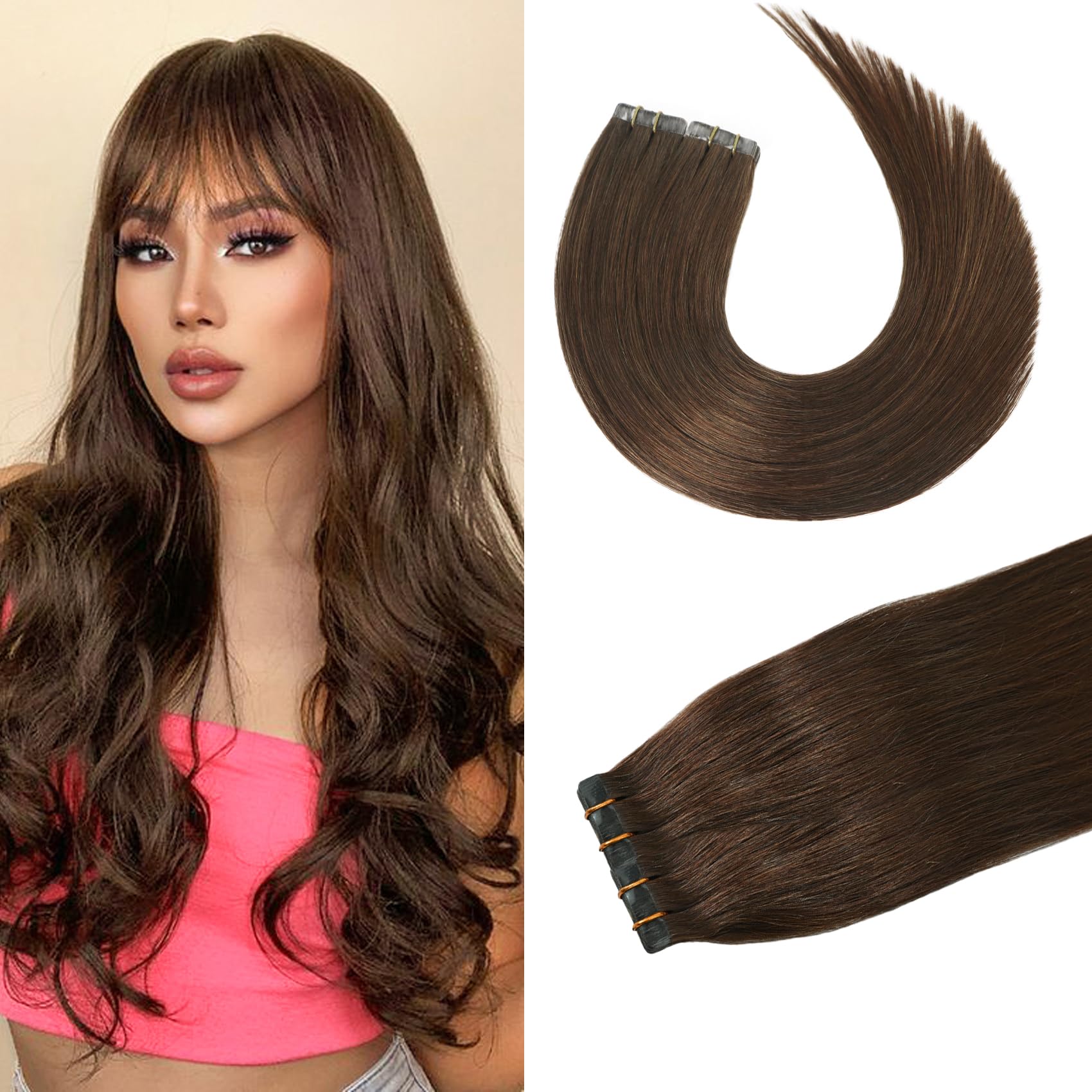 Aison Chocolate Brown Tape In Hair Extensions Human Hair 18 Inch 40G Tape In Human Hair Extensions Medium Brown Invisible Tape I