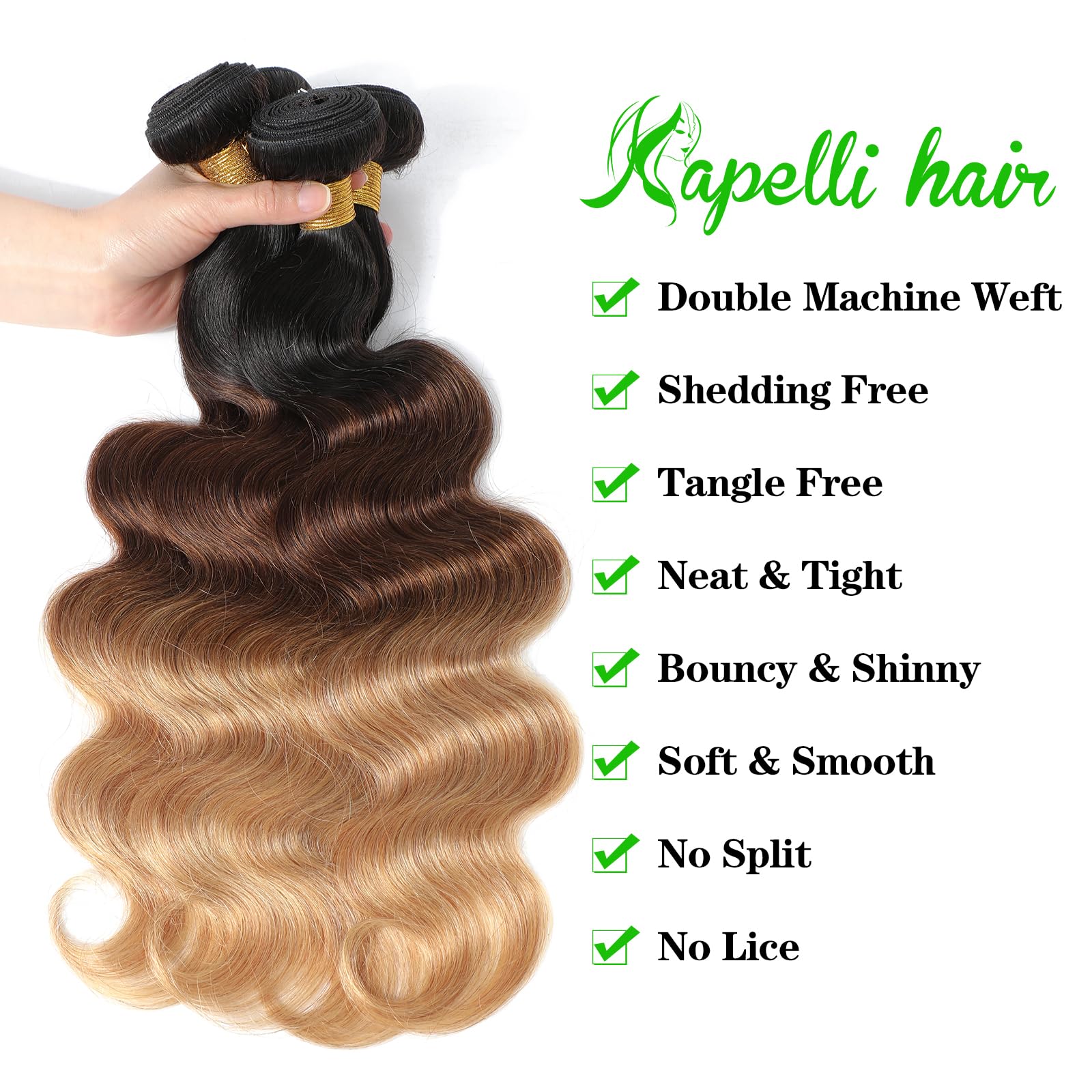 Kapelli Hair 10A Ombre Human Hair Bundles Ombre Brazilian Hair Body Wave (T1B/4/27,24 26 28 28) Ombre Brazilian Human Hair Virgi