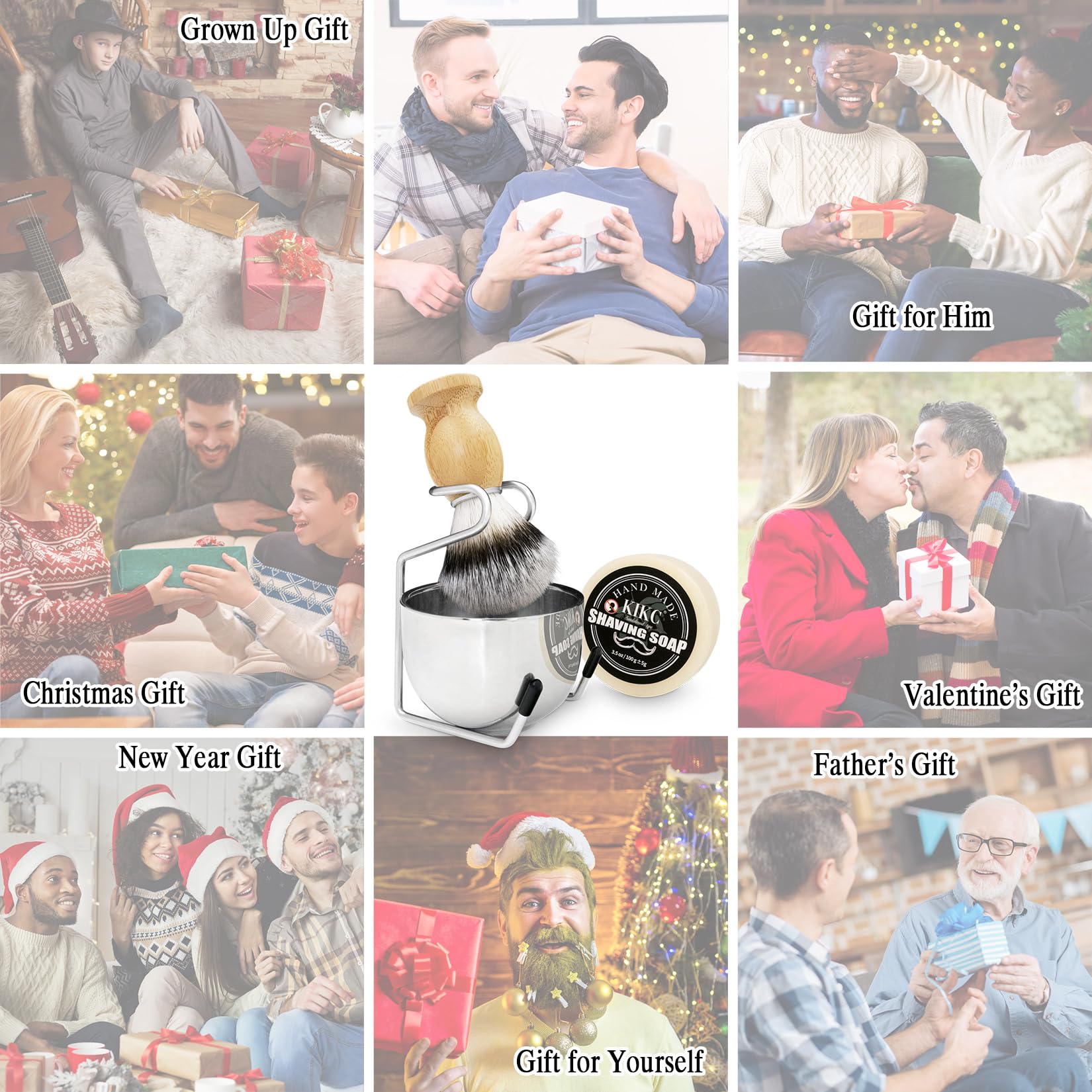 Kikc 4 In 1 Shaving Set For Wet Shave, Kit Includes Hand Crafted Shaving Brush With Synthetic Hair Bristle, Stainless Steel Soap