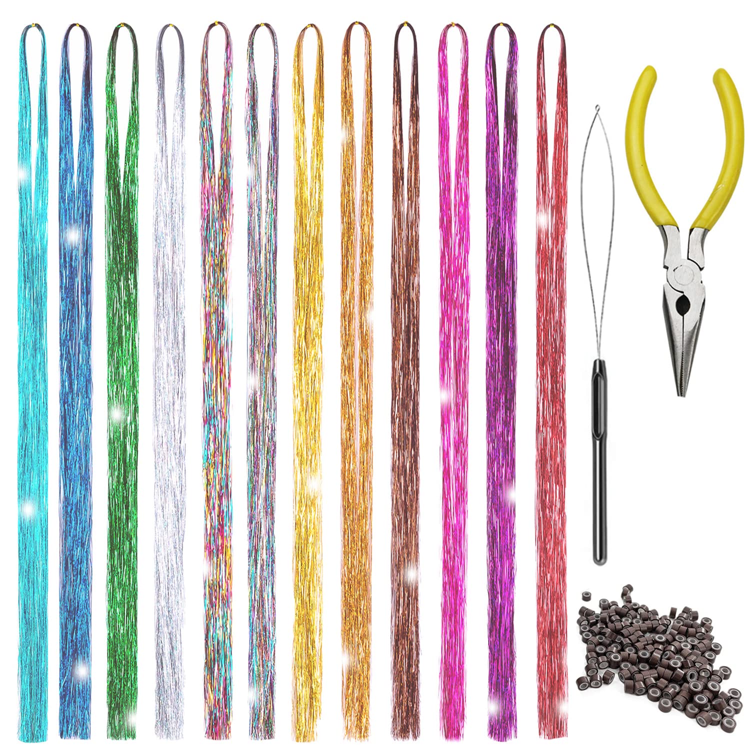 Hair Tinsel Kit 12 Colors Hair Extensions 48 Inches 2500 Strands Sparkling Tinsel for Christmas New Year Halloween Cosplay Party