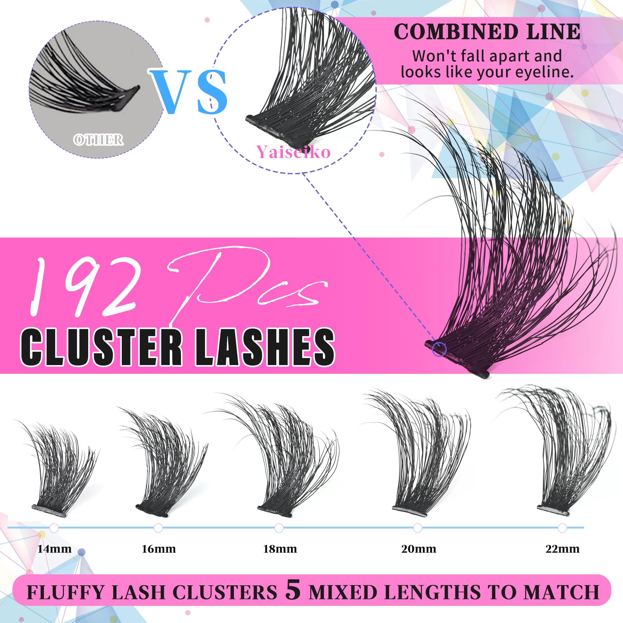 Yaiseiko Eyelash Clusters 14-22mm 200D Thick Volume DIY D Curl Wispy Plant Fibers, 192pcs