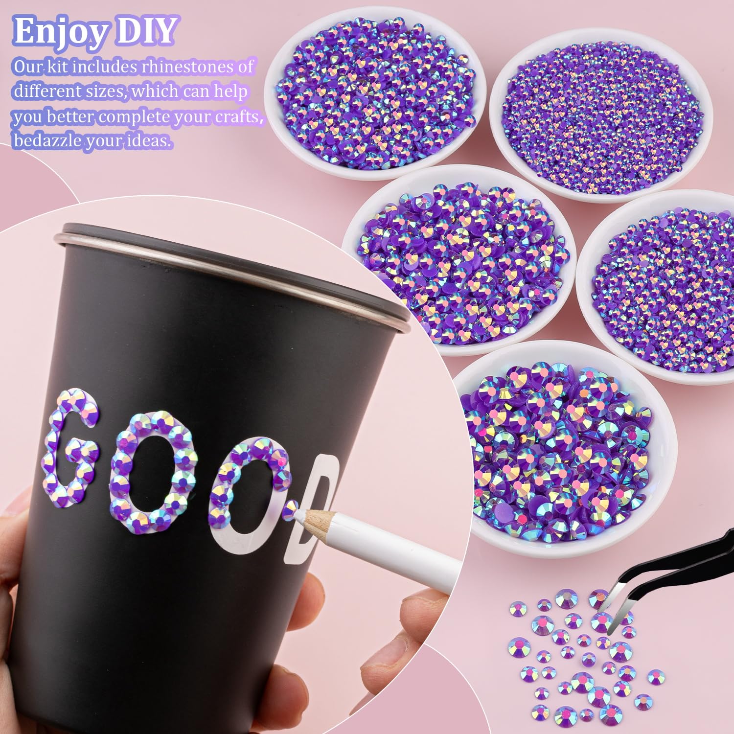16000Pcs Resin Jelly Rhinestones With Tweezers For Crafting, Dark Purple Ab 2-6Mm Mixed Sizes Flatback Gems, Bedazzling Crystal
