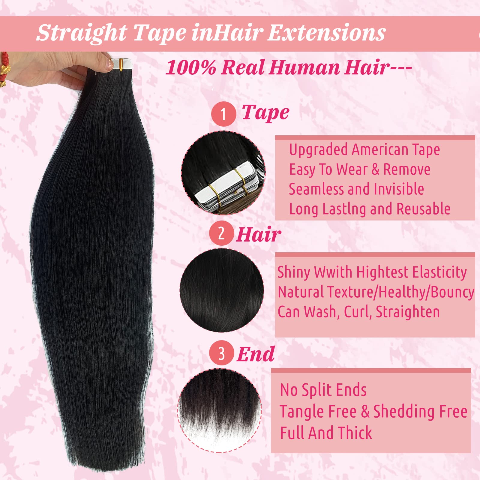 Black Tape In Human Hair Extensions Tape Ins For Women,Silky Straight Real Human Hair Tape In Extensions 50Grams 20Pcs Double Si