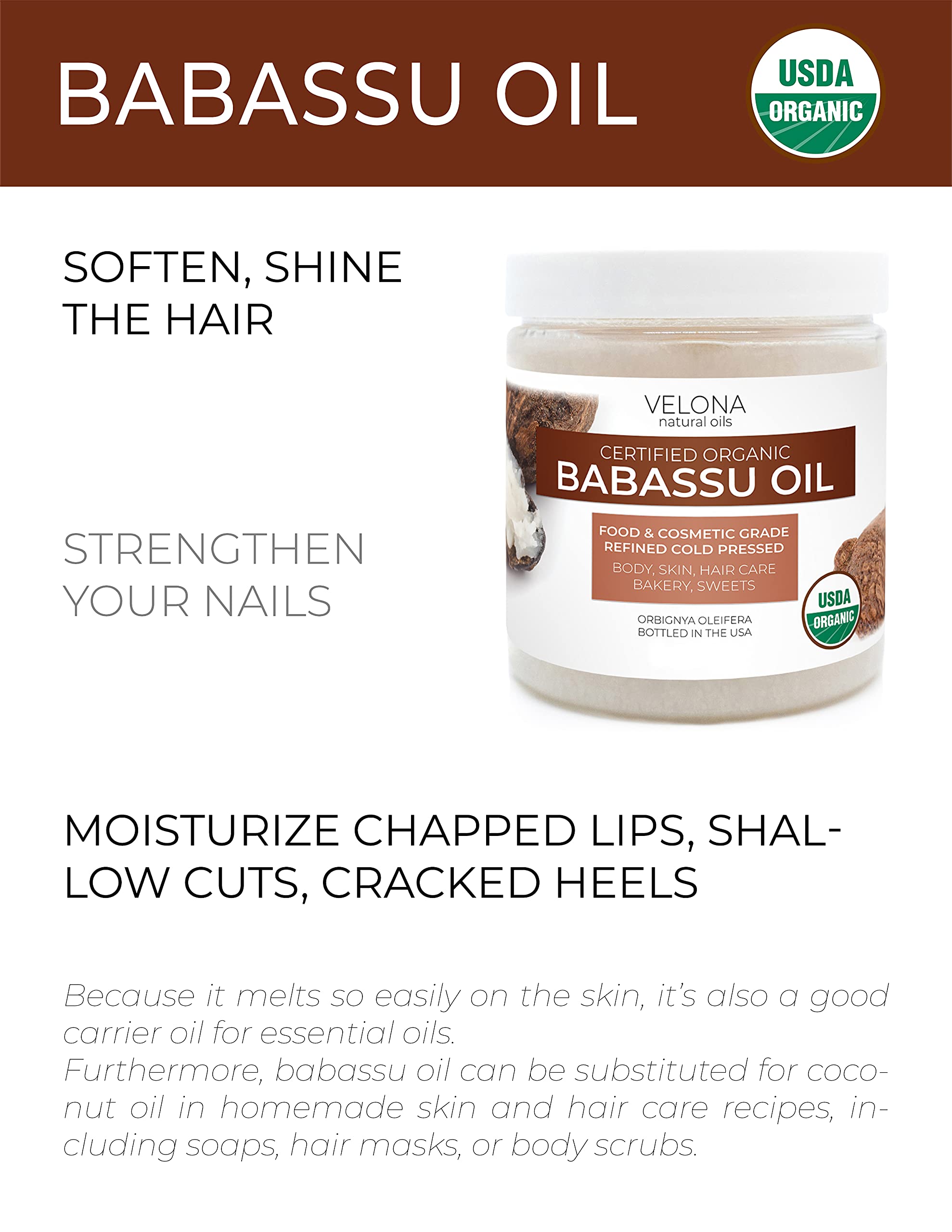 Velona Babassu Oil Usda Certified Organic - 16 Oz | 100% Pure And Natural Carrier Oil | Refined, Cold Pressed | Face, Hair, Body