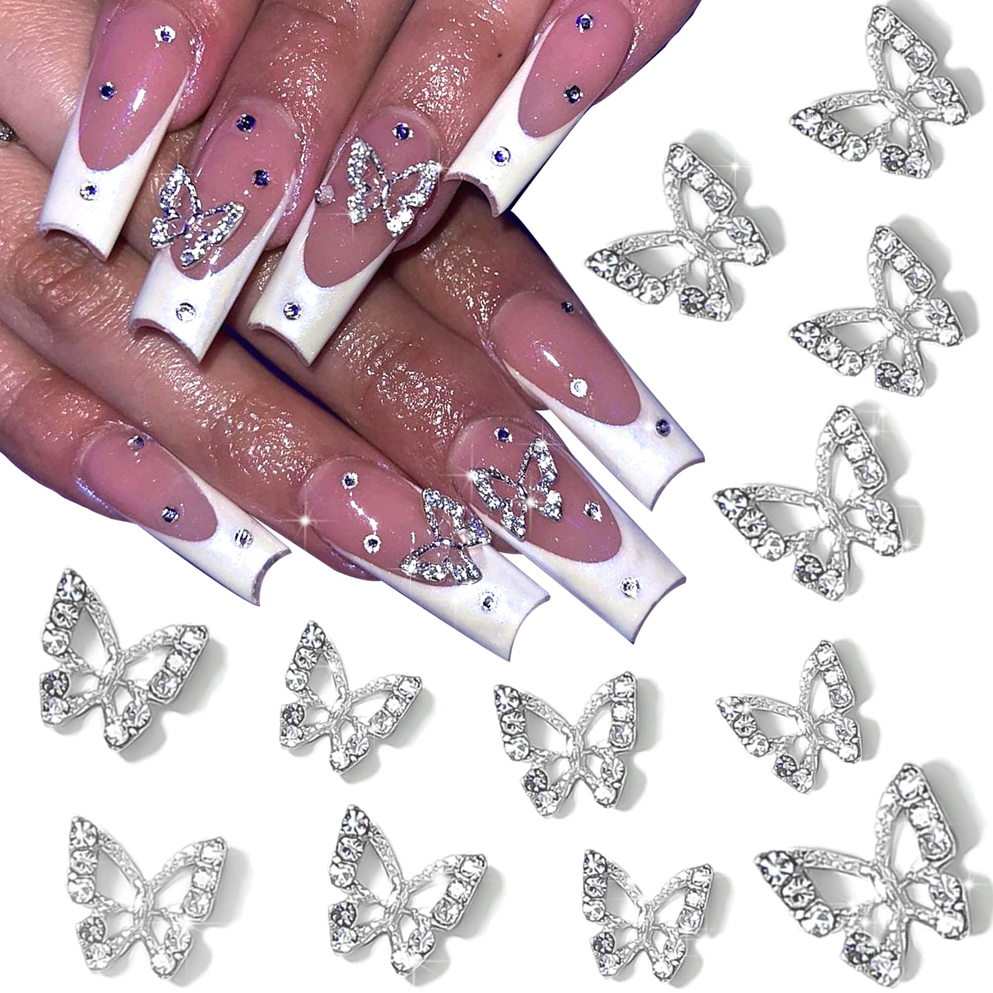 RODAKY 3D Alloy Butterfly Nail Art Charms 12PCS Silver Butterflies Nail Decoration With Gems and Rhinestones for Nail Crystals D