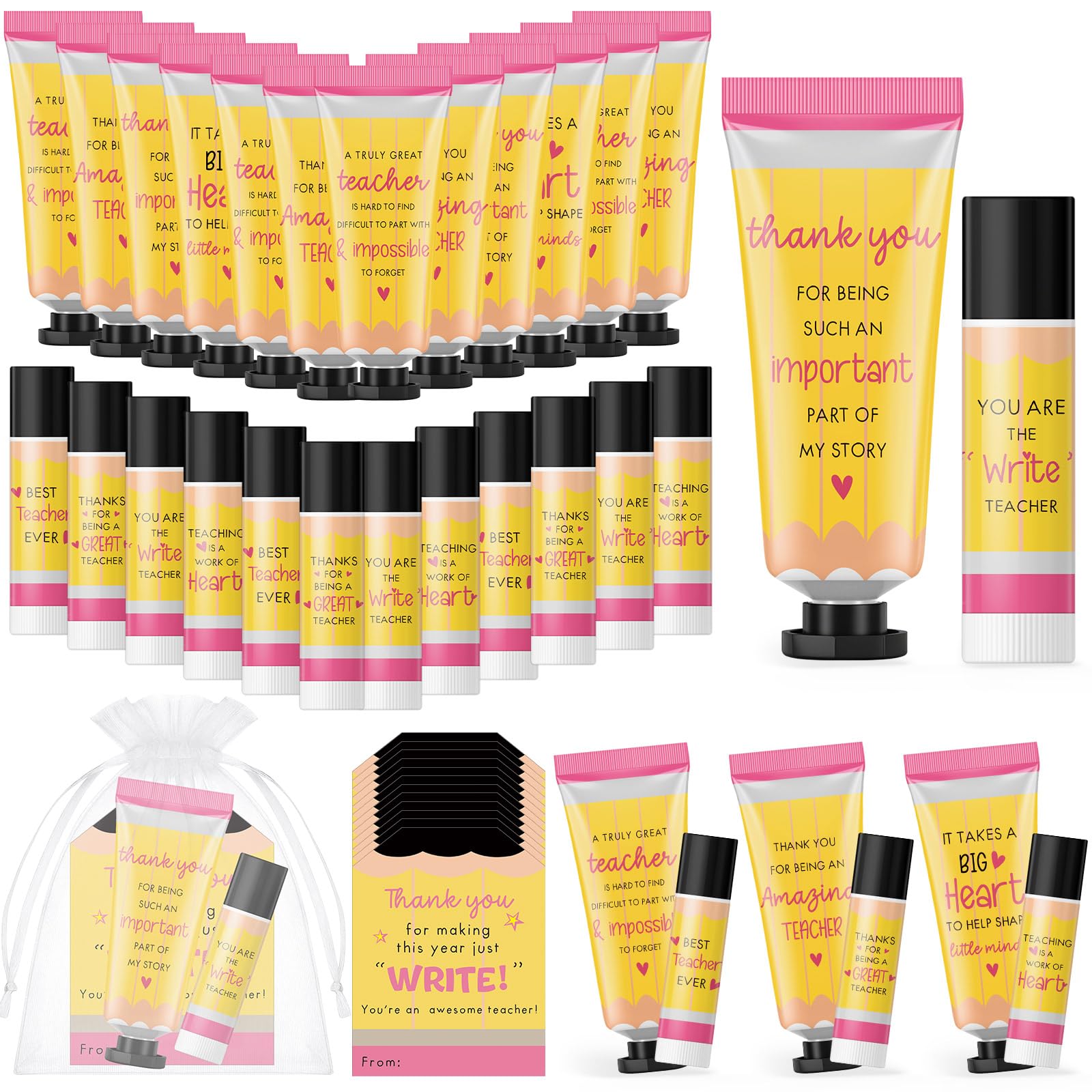 Heigble 12 Set Teacher Appreciation Gifts for Women Include Hand Cream Lip Balm Bulk Organza Bags Cards Thank You Teacher Gifts 