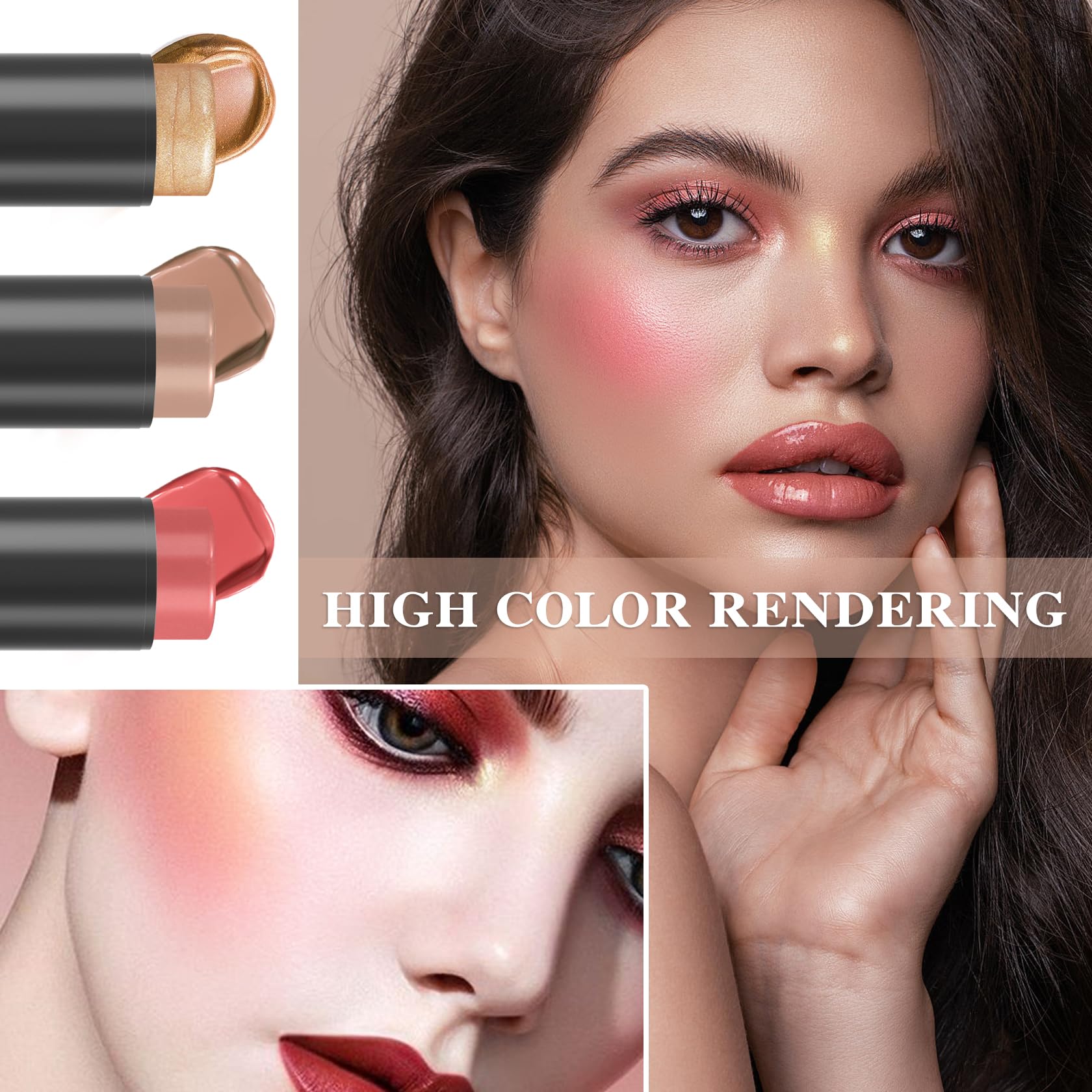 3P Cream Blush Stick With Brush,Waterproof Multi Cream Blush Stick Makeup,Lightweight,Long-Lasting,Easy To Use,2 In 1 Multi Stic