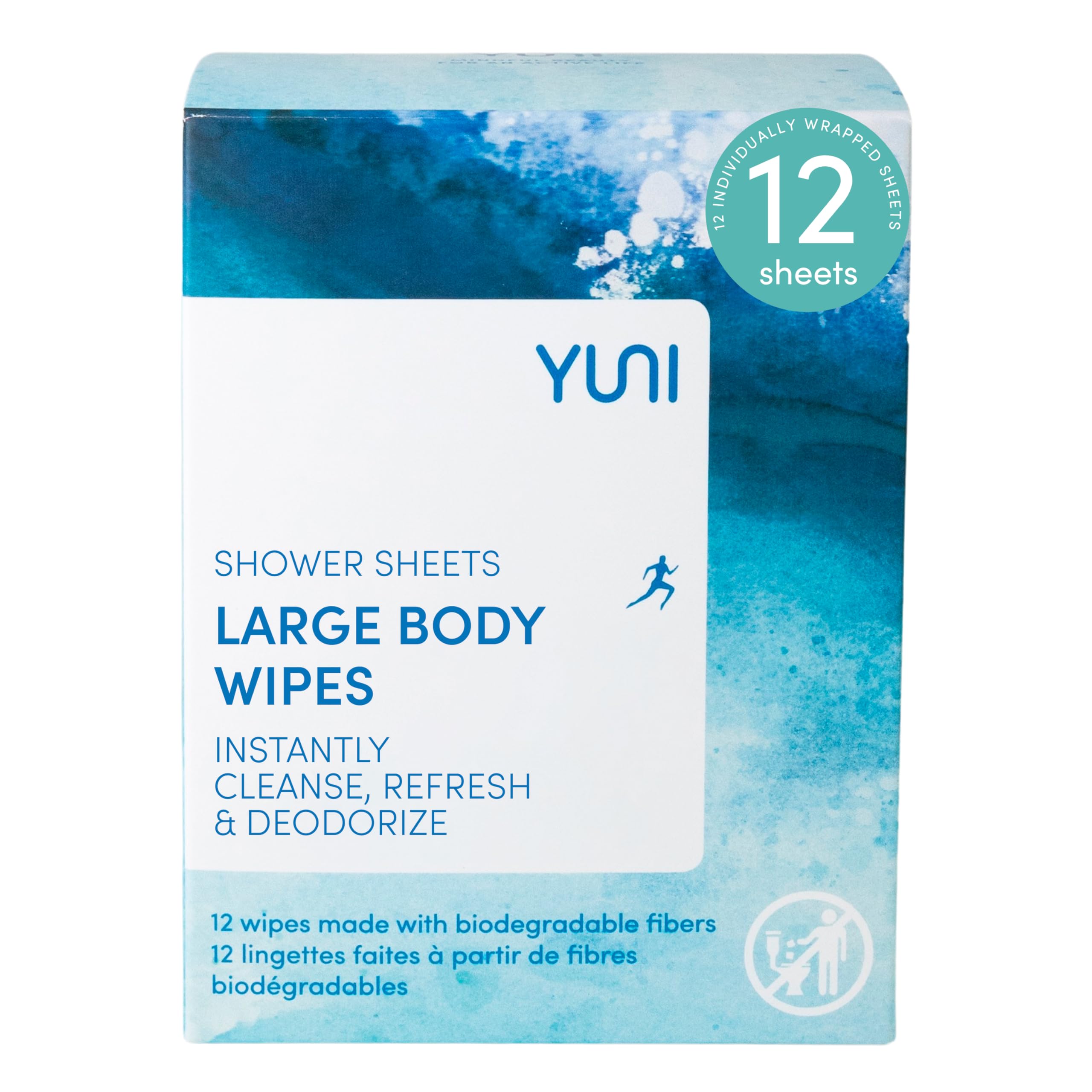 Yuni Beauty Large Body Wipes, Peppermint Citrus, 12 Count, Compostable, Biodegradable, No Rinse Body Cleanser, On-The-Go Shower