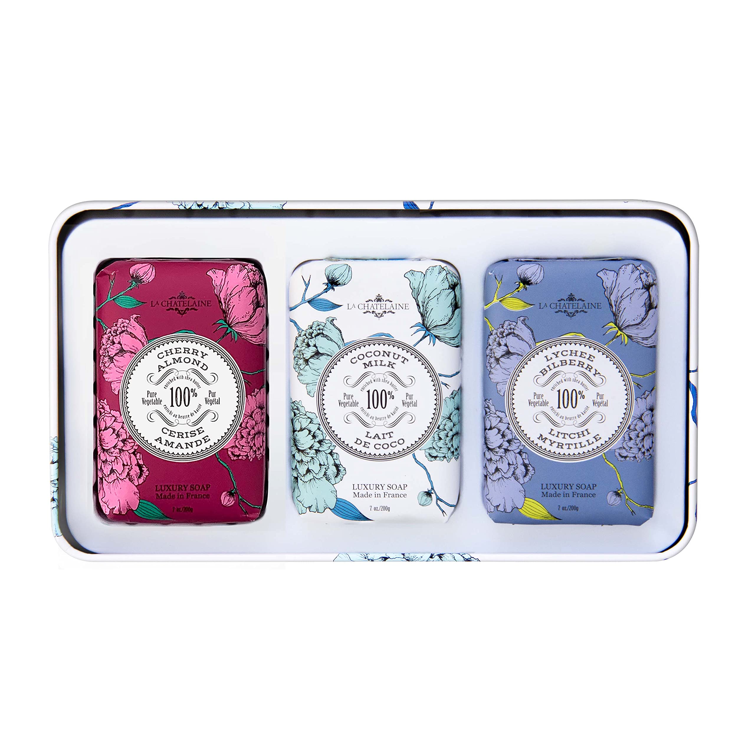La Chatelaine Luxury Bar Soap Trio Gift Set Tin - Winter White | Made In France | Natural And Organic Soap Bars | Shea Butter Fo