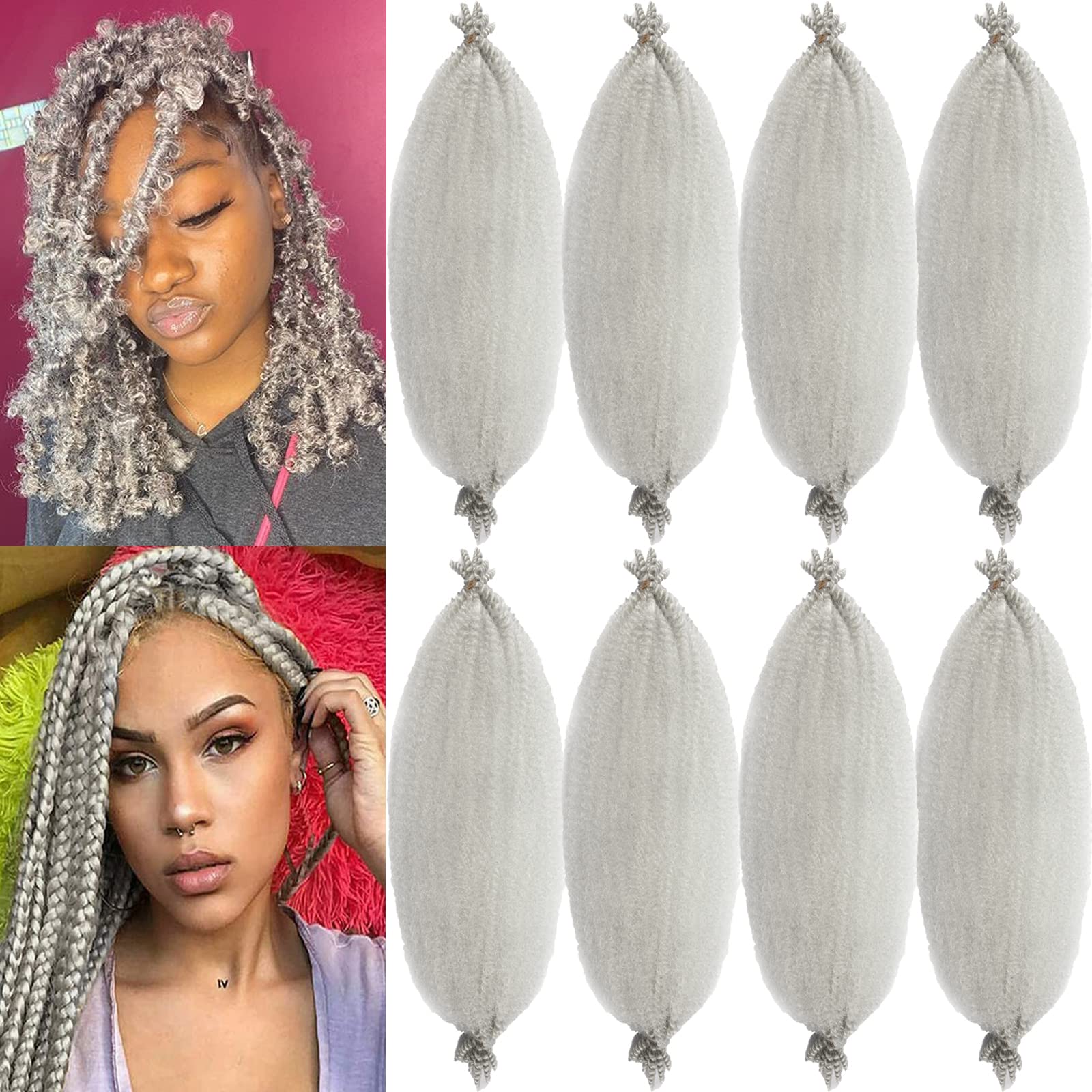 8 Packs Springy Afro Twist Hair Silver Gray Crochet Hair 16 inch Pre-Separated Kinky Marley Twist Braiding Hair Soft Crochet for