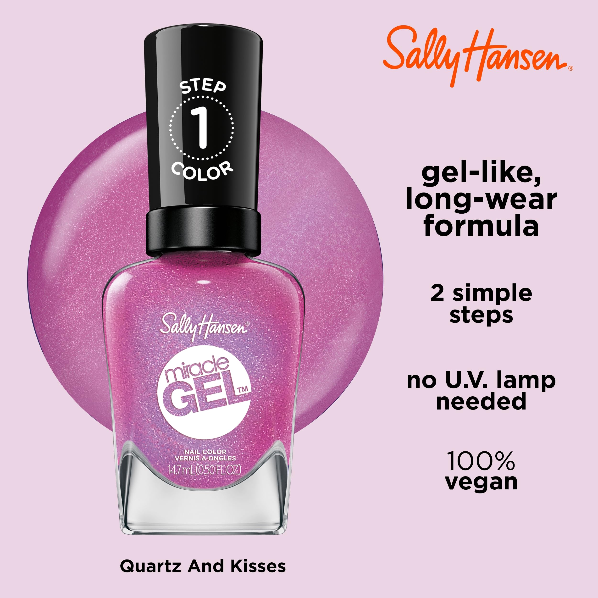 Sally Hansen Miracle Gel, Quartz And Kisses, Long Lasting, Gel-Like Formula, No Uv Lamp Needed, Pink Nail Polish
