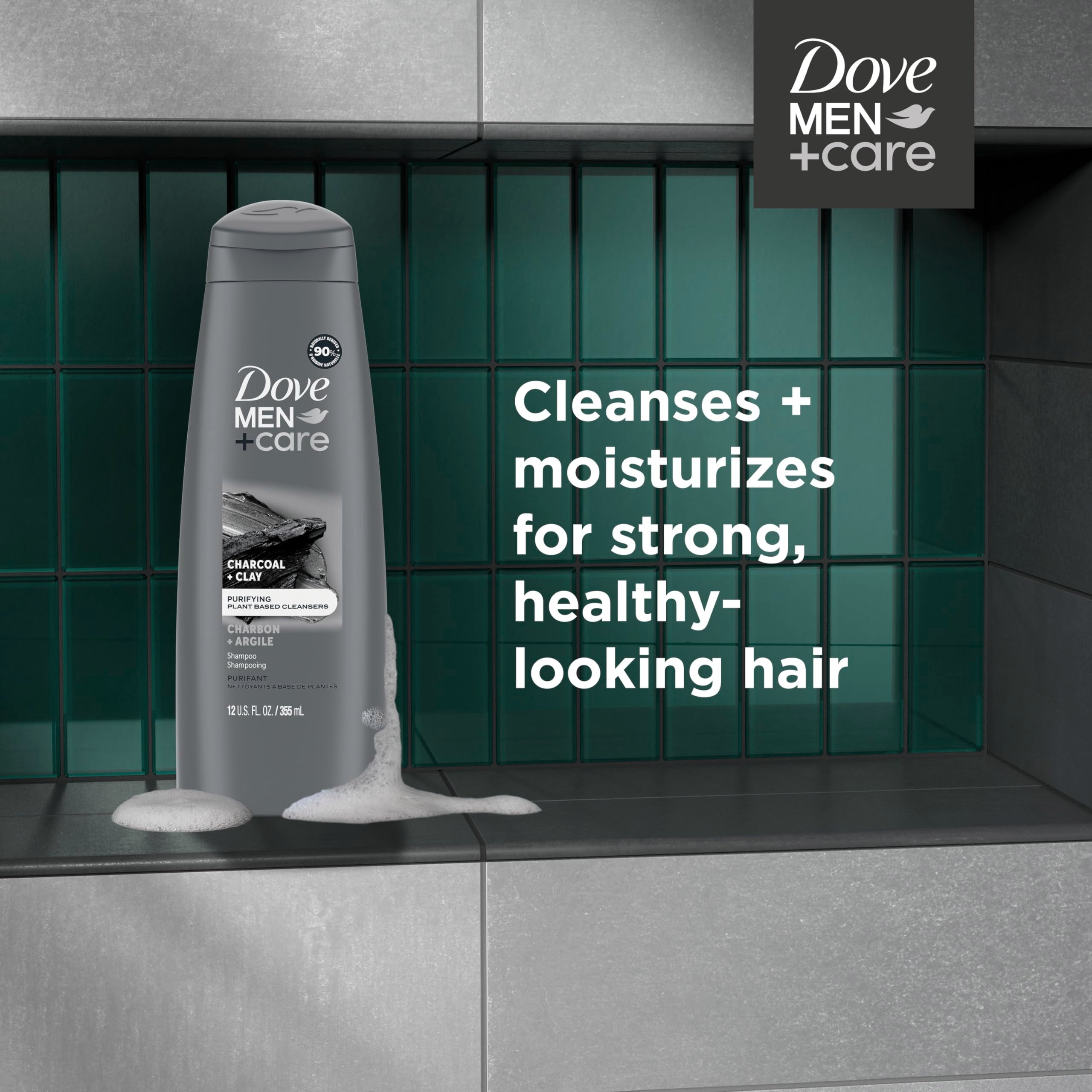 DOVE MEN + CARE Shampoo Charcoal + Clay for Healthy-Looking Hair Naturally Derived Plant Based Cleansers 12 oz