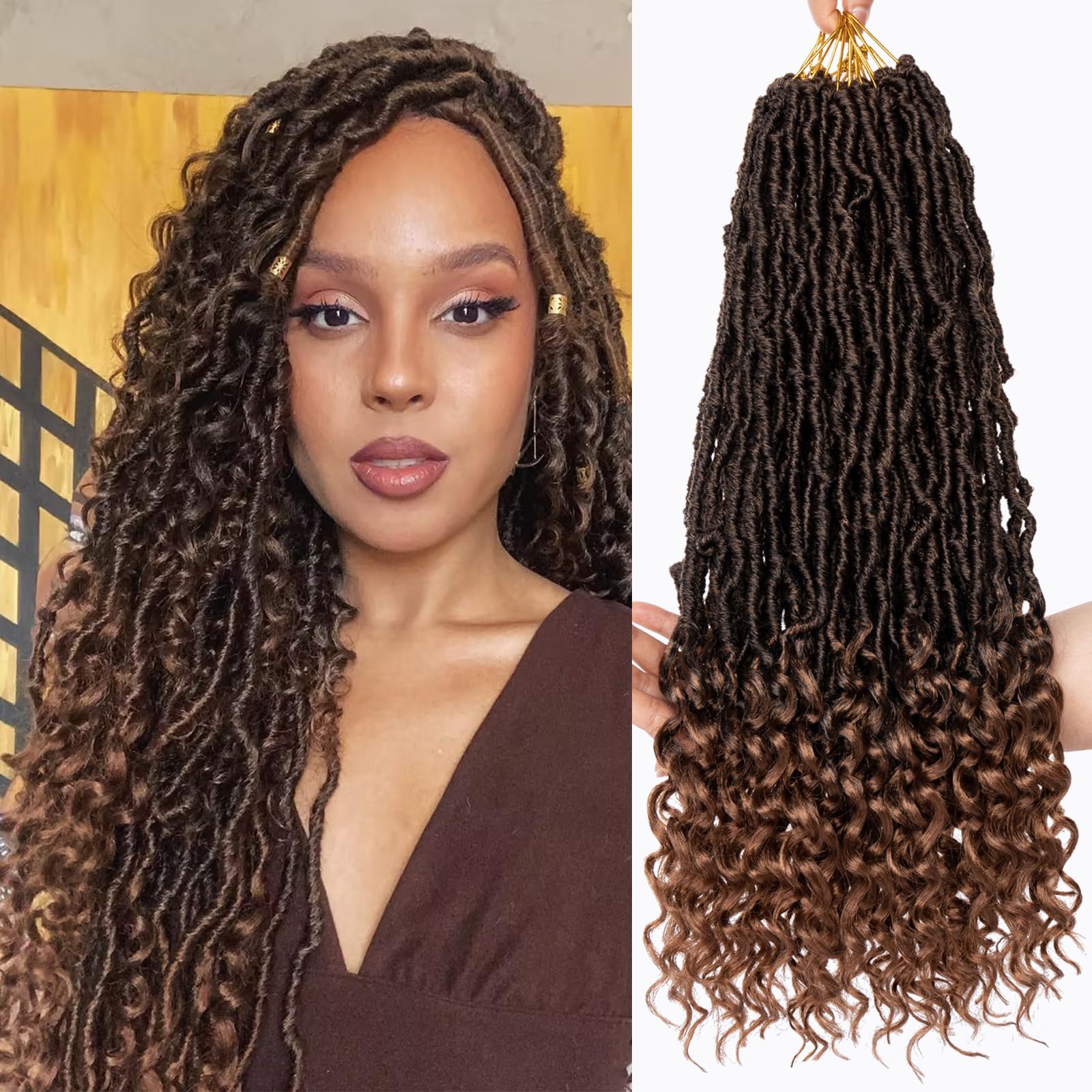 Leeven 18 Inch New Faux Locs Crochet Hair With Curly Ends 84 Strands Ombre Brown Bohemian Goddess Locs Crochet Hair With Curls 7