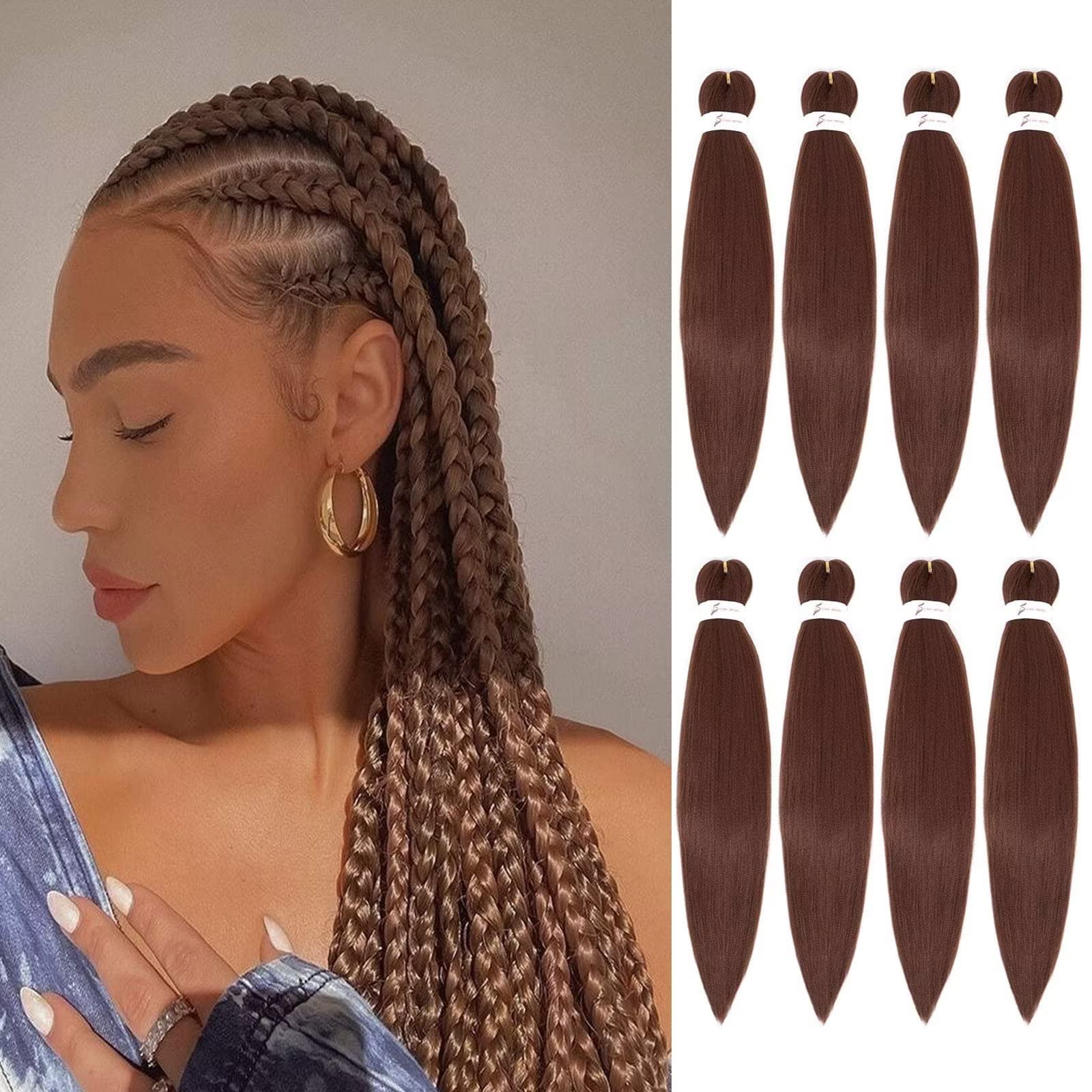 Brown Braiding Hair Pre Streched Braid Hair 8 Packs 26 Inch Color 30 Braiding Hair Extensions for Women Box Braid Soft Yaki Synt