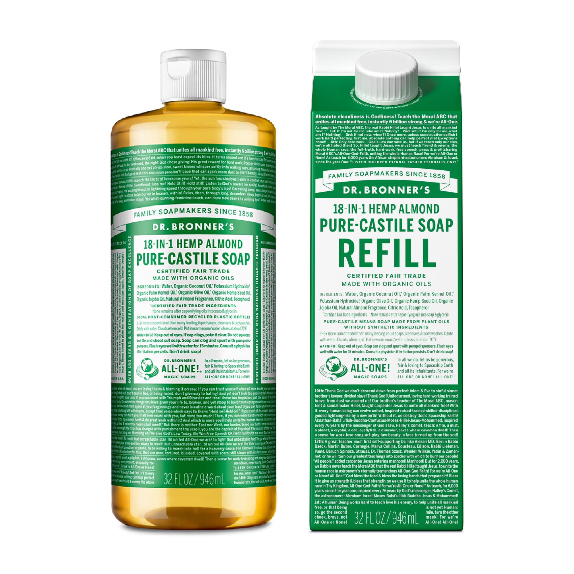 Dr. Bronner 'S - Pure-Castile Liquid Soap Bottle & Refill Carton Made With 82% Less Plastic (Almond, 32 Oz) - Face, Body, Hair,