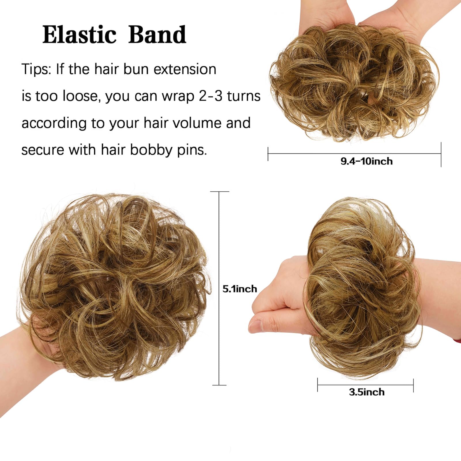 Feshfen Human Hair Messy Buns, 100% Human Hair Bun Hair Piece Real Hair Extension Wavy Curly Hair Scrunchies Tousled Updo Chigno