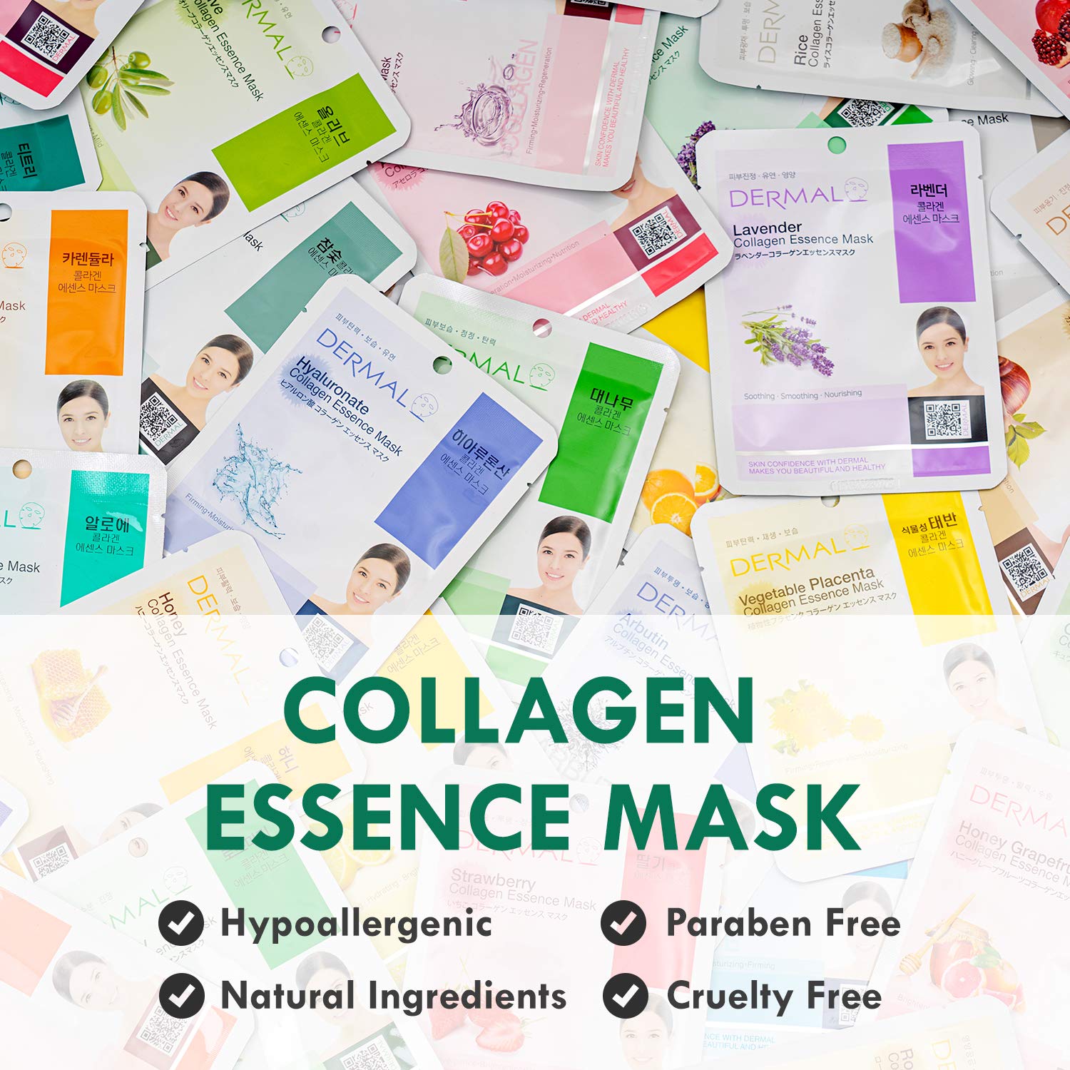 Dermal 16 Combo Pack B Collagen Essence Korean Face Mask - Hydrating & Soothing Facial Mask With Panthenol - Hypoallergenic Self