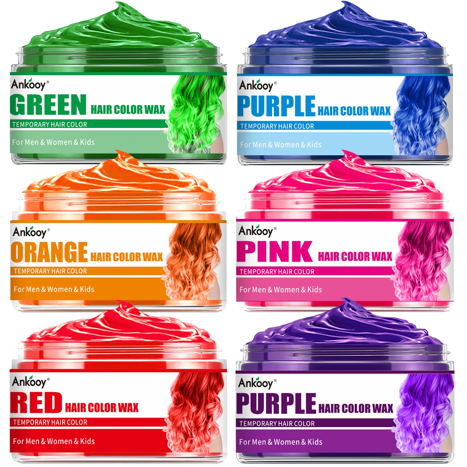 ANKOOY 6 Pack Temporary Hair Color Wax - Daily Use for Men, Women, Kids - 17 oz, Green, Orange, Pink, Purple, Red, Blue