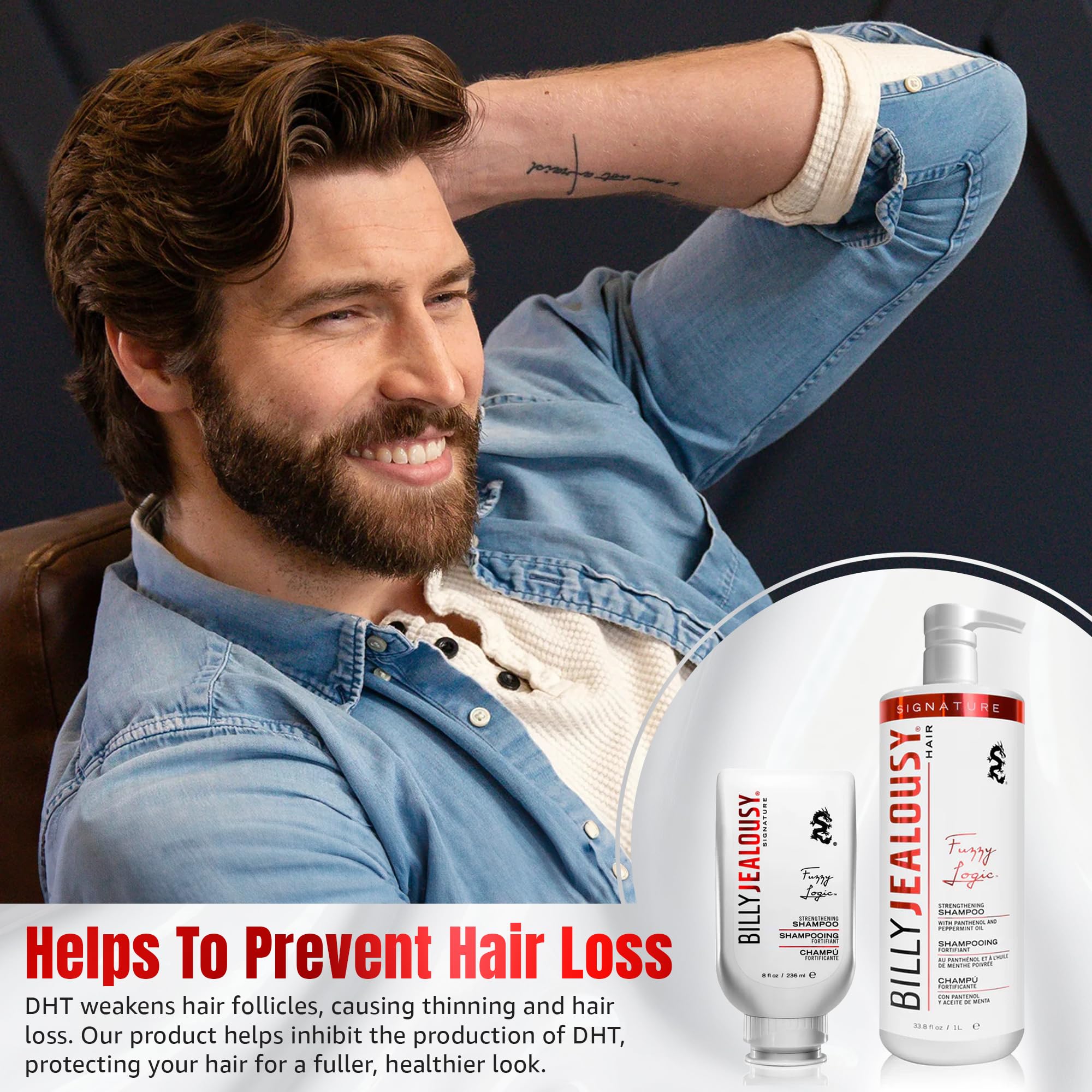 Billy Jealousy Fuzzy Logic Men's Shampoo for Thinning Hair, Peppermint-Infused, With DHT Blockers to Prevent Hair Loss and Break