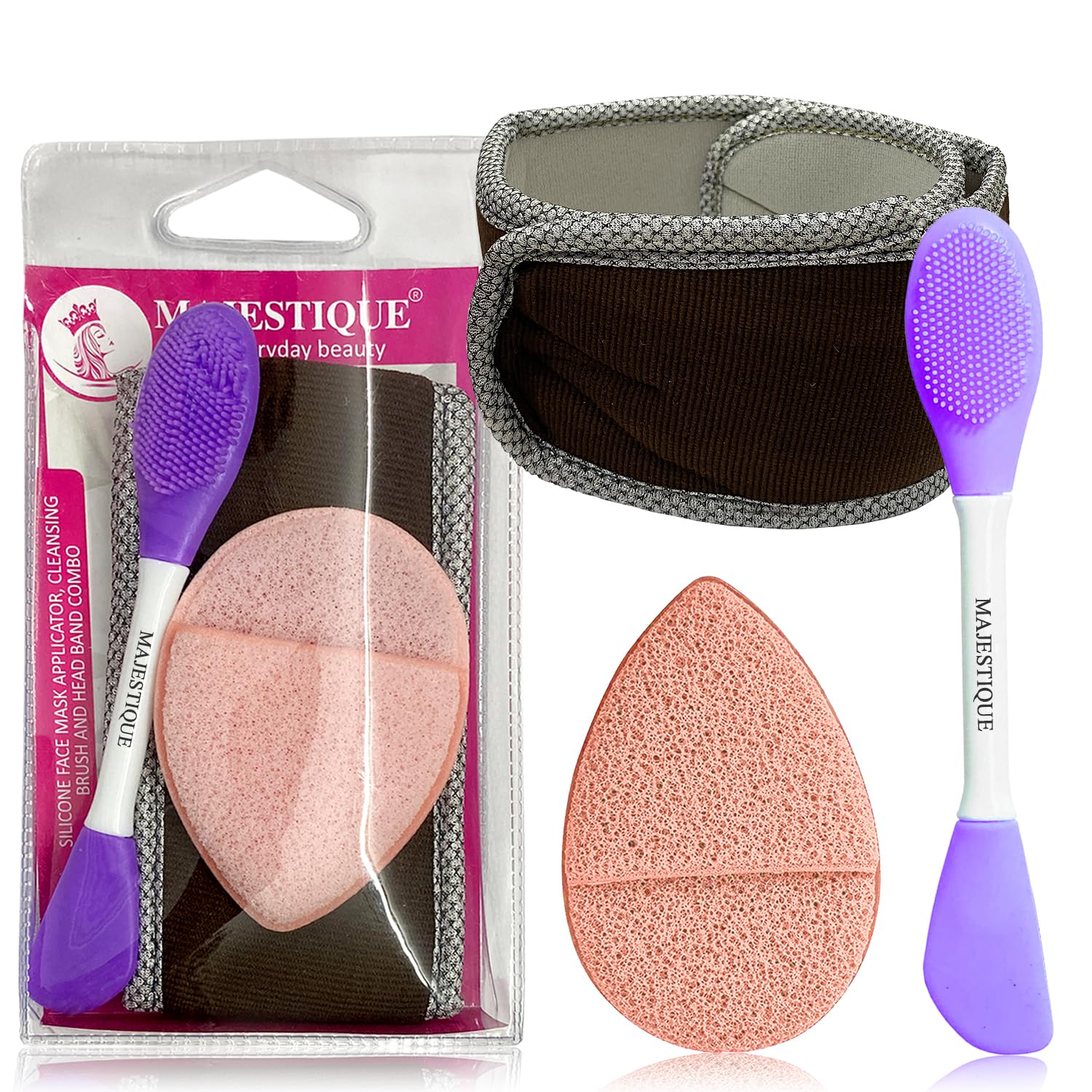 Majestique Face Mask Applicator Set, Facial Head Band, Dual Sided Silicone Brush For Face With Makeup Remover Sponge Multiple Us