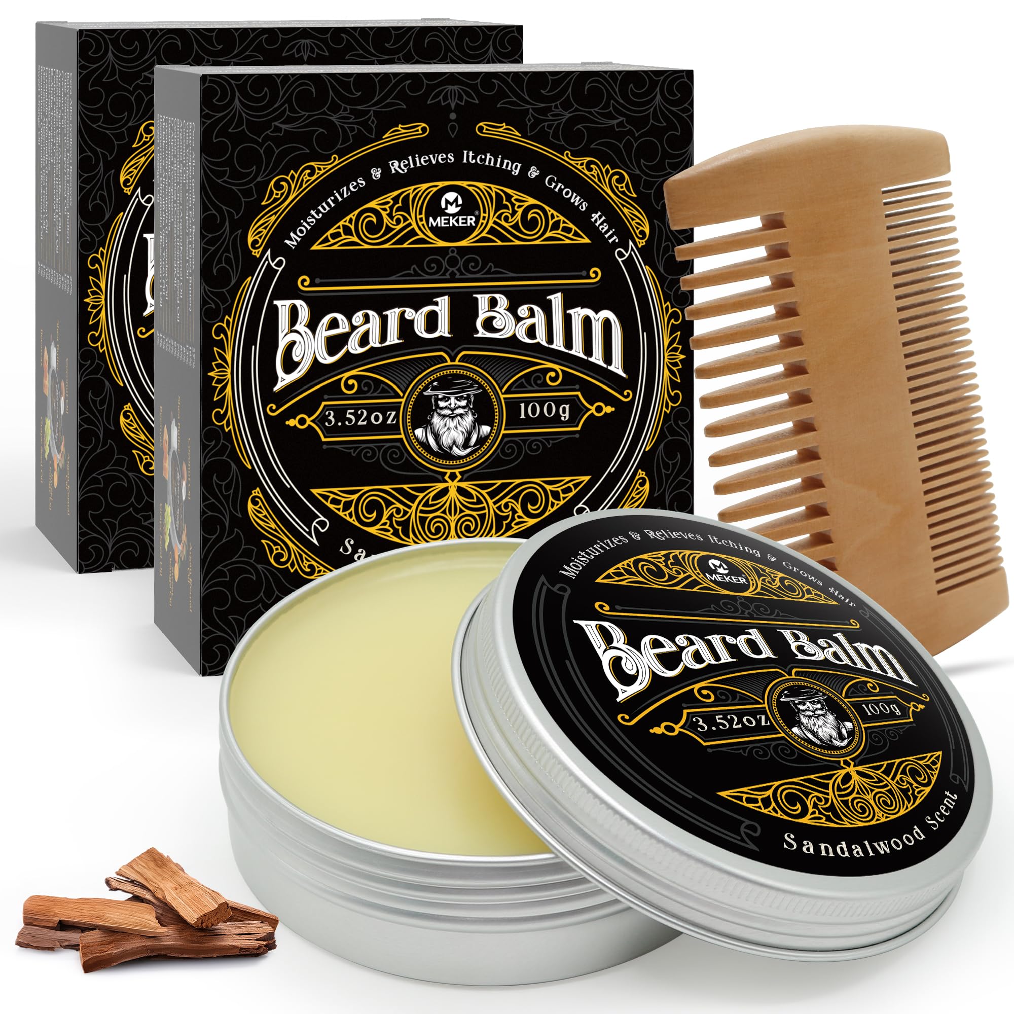 MEKER Beard Balm, Beard Softening Leave-in Balm with Brush, All-Natural Anti-Itch, Organic Beard Conditioner for Softening, Stop