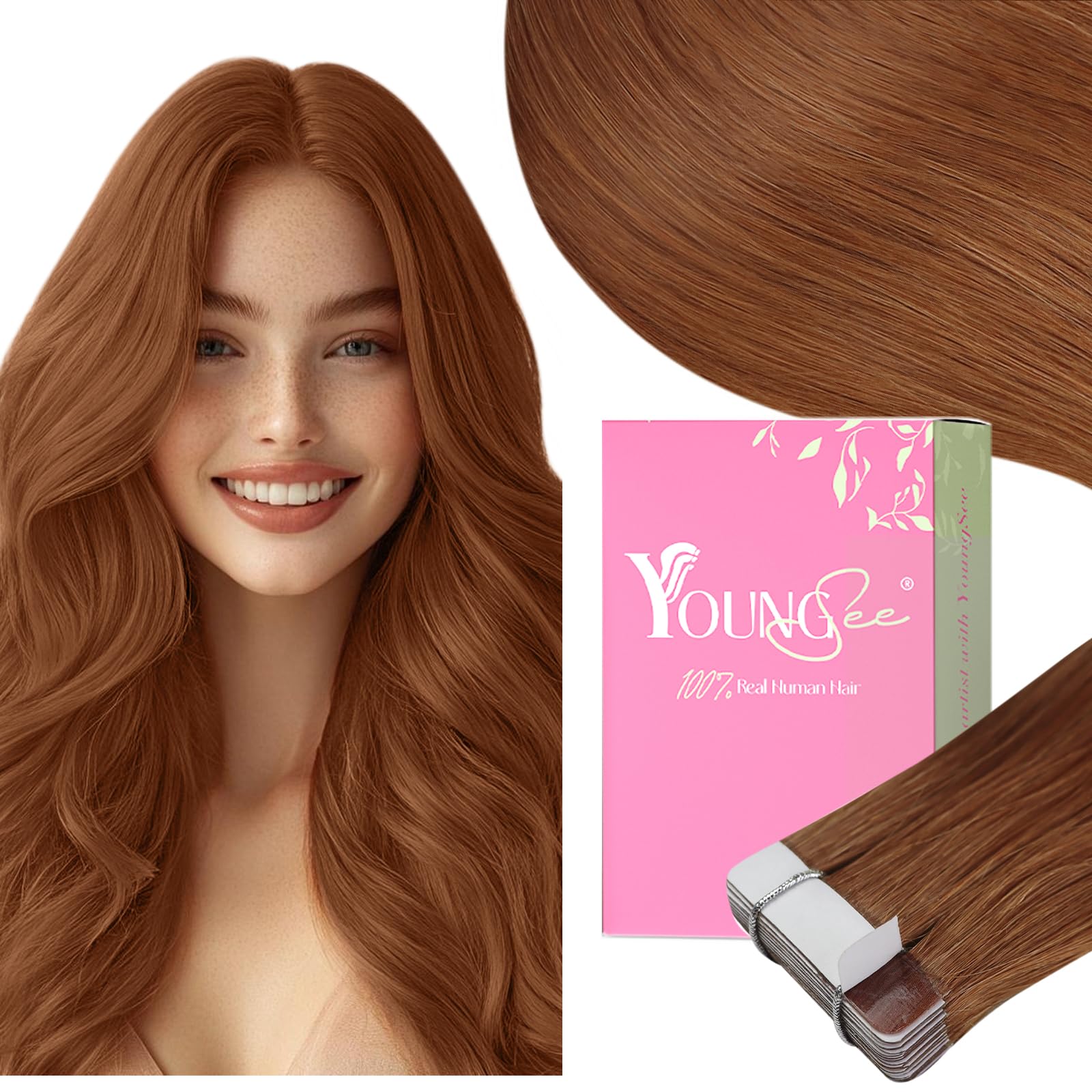 YoungSee Tape in Hair Extensions Human Hair Copper Human Hair Tape in Extensions Copper Tape in Human Hair Extensions 12Inch Sho