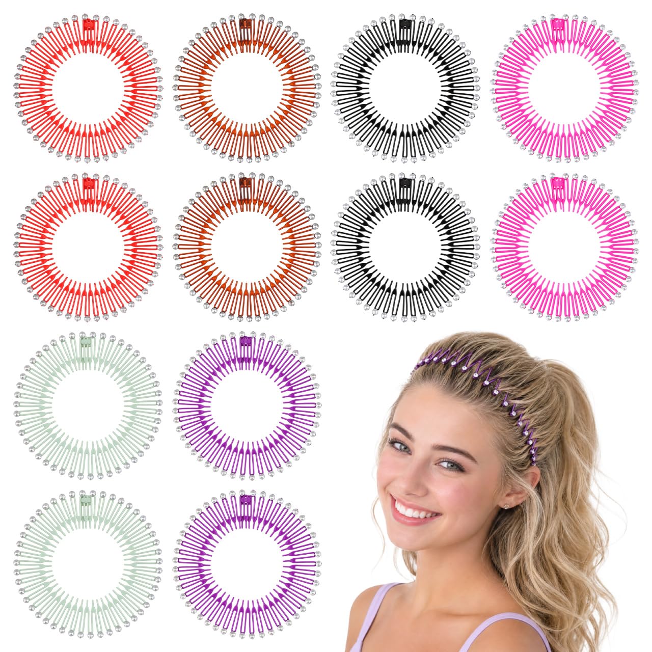 NOLITOY 13Pcs Stretch Hair Combs for Women, Rhinestone Flexible Circle Combs, NonSlip Elastic Round Headband for Thick Thin Hai