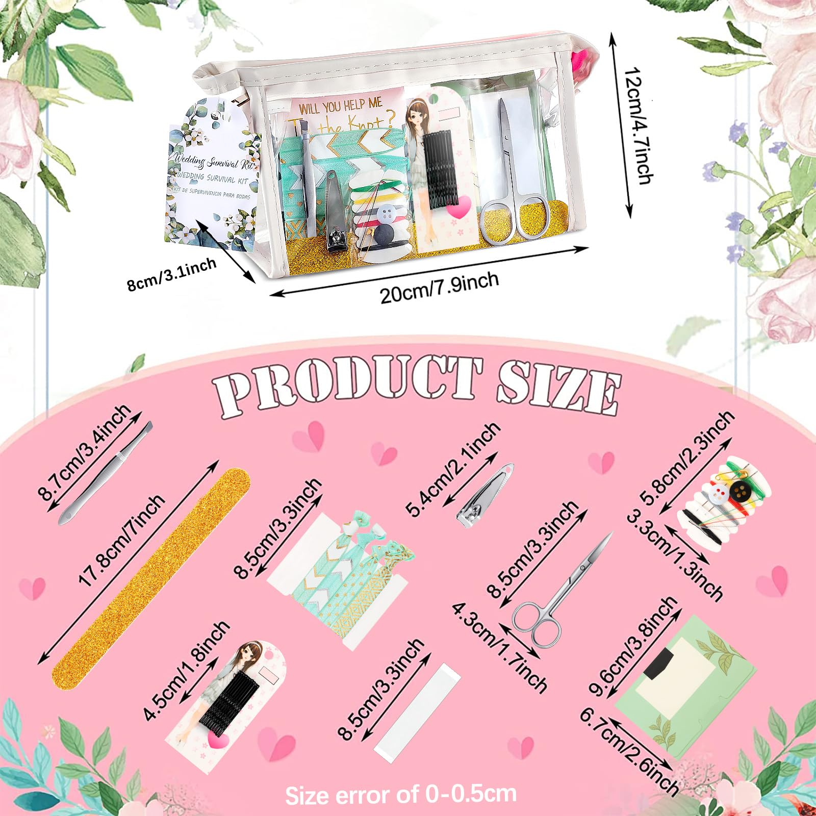 132 Pieces Wedding Survival Kit Bridal Mini Emergency Kit Bridal Party Proposal Gifts for Women with Makeup Bags Floral Wedding
