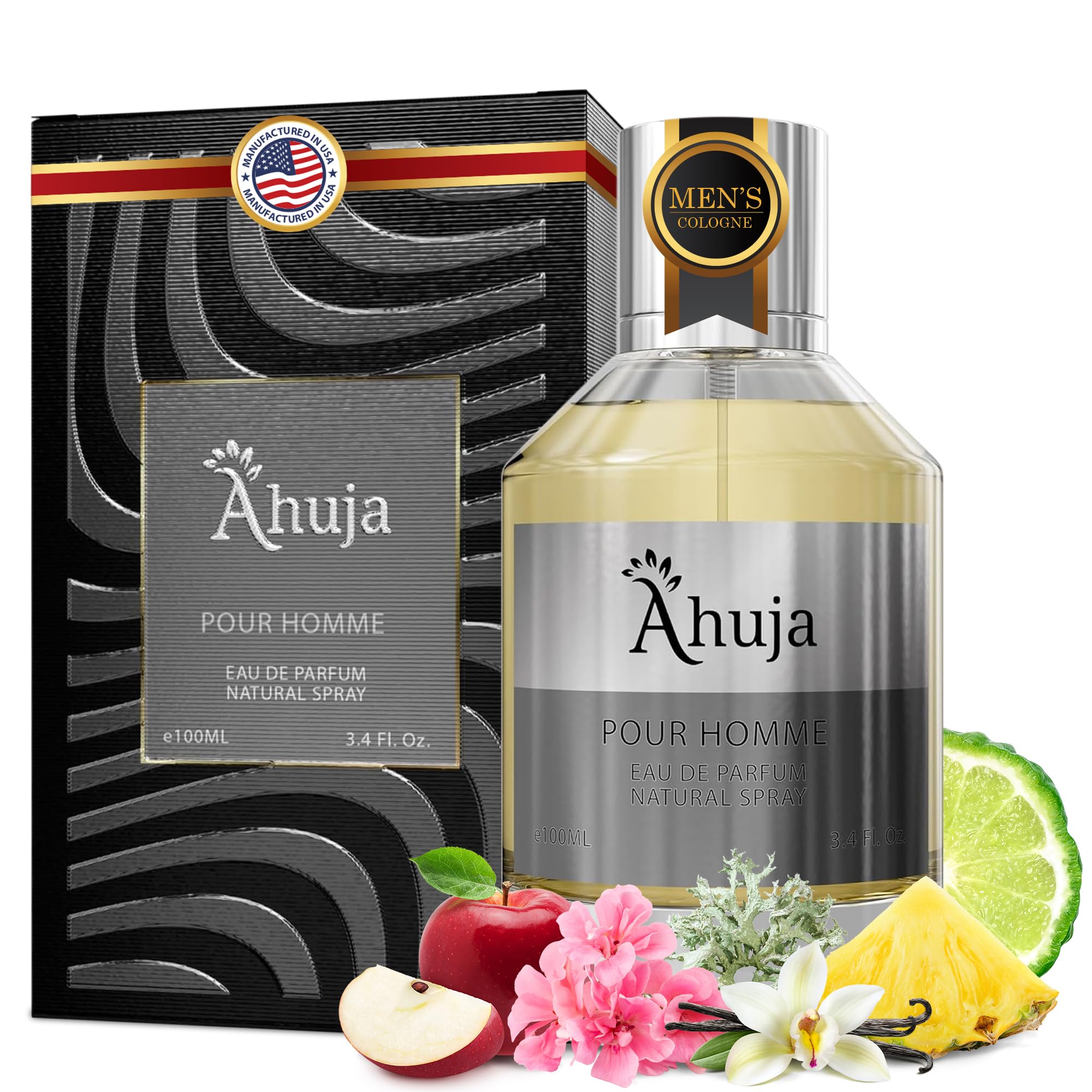 AHUJA Pour Homme Eau de Parfum for Men 3.4 fl oz - Men's Fragrance - Long Lasting Perfume for Men Original Citrus & Fruity Symph