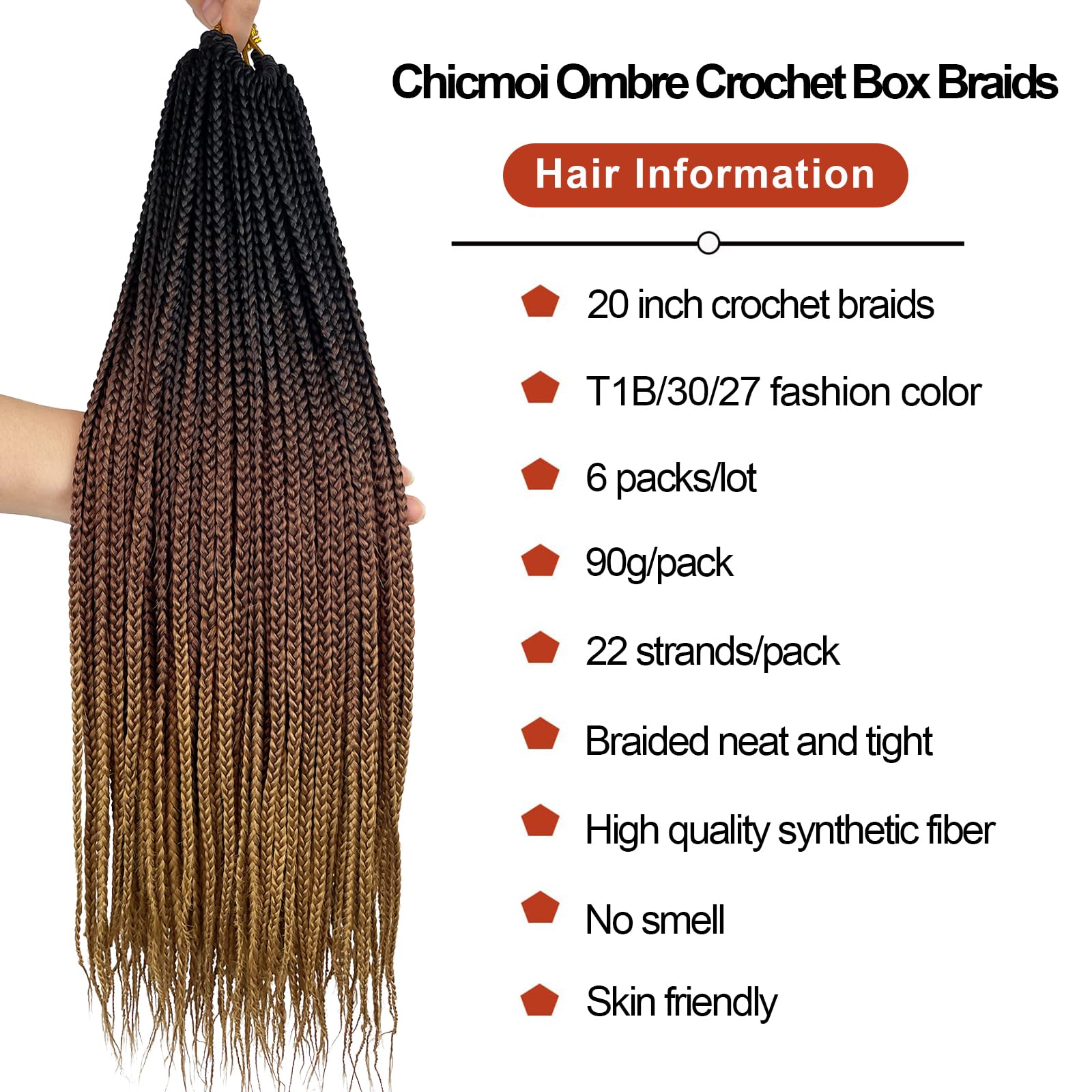 Small Crochet Box Braids 20 Inch 1B/30/27 Ombre Box Braids Crochet Hair Pre Looped Three Tone 1/4 Inch Wide Micro Crochet Braids