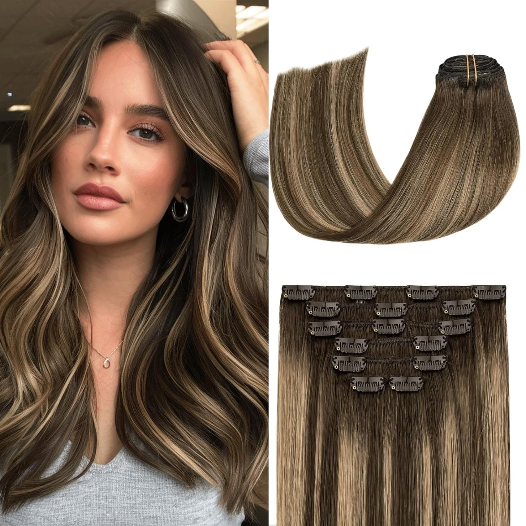 Aison Caramel Clip in Hair Extensions Real Human Hair 70G Chocolate Brown To Dark Blonde 100% Remy Human Hair Soft Silky Straigh
