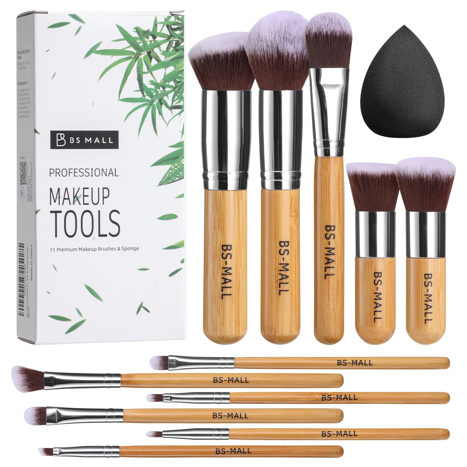 BS-MALL 11Pcs Bamboo Makeup Brush Set - Synthetic Kabuki Brushes for Foundation, Powder, Blending, and Eye Shadows with Organizer Bag