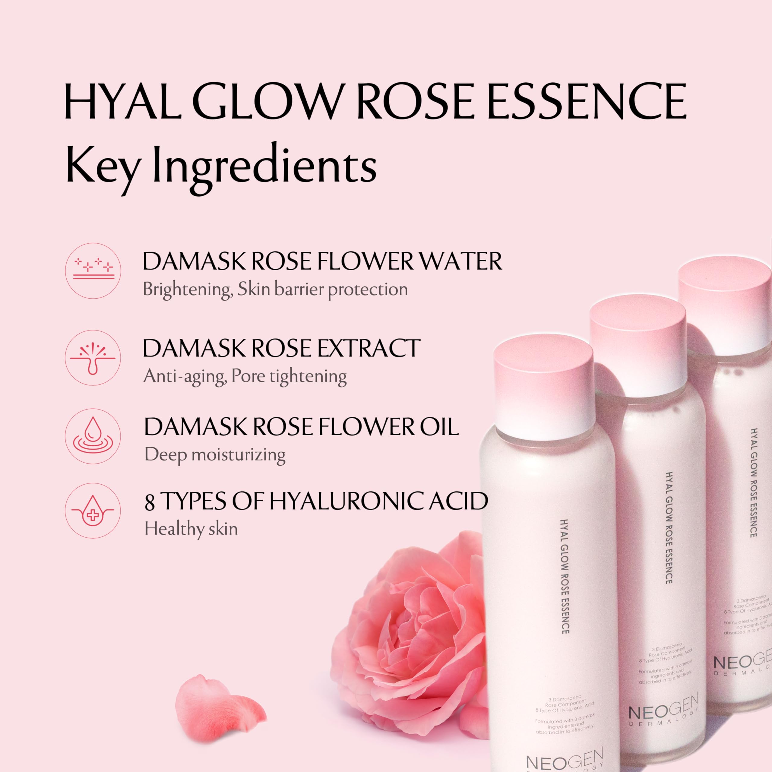 Dermalogy By Neogen Hyal Glow Rose Essence - Hydrating Essence With 74% Of Damask Rose Water Damask Rose Flower Oil & Damask Ros