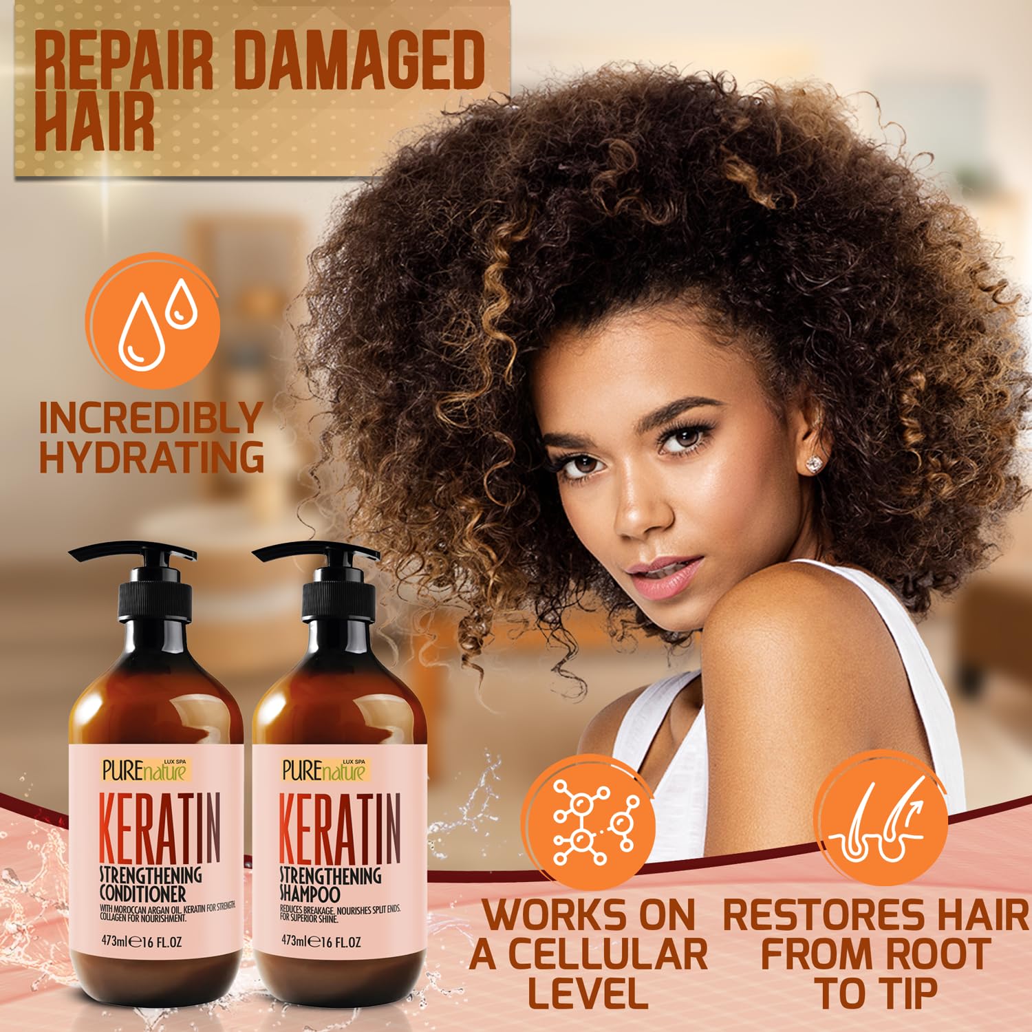 Keratin Shampoo and Conditioner Set - Sulfate and Paraben Free Treatment for Dry Hair - Anti Frizz, Collagen Enriched Formula fo