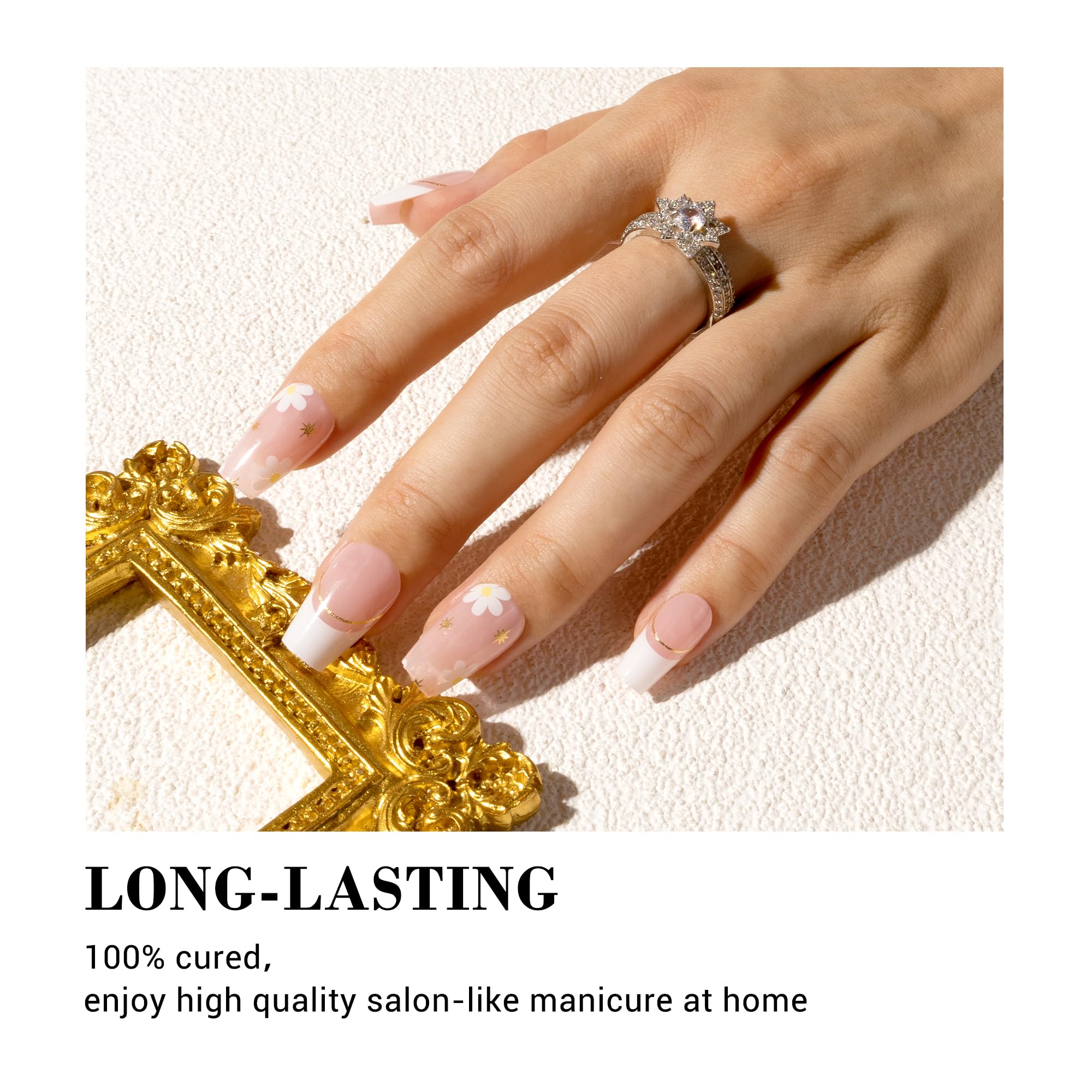 Melodysusie 30Pcs Semi Cured Gel Nail Strips (French Tips Flowers)- Works With Nail Lamp, Salon-Quality, Long Lasting, Easy To A
