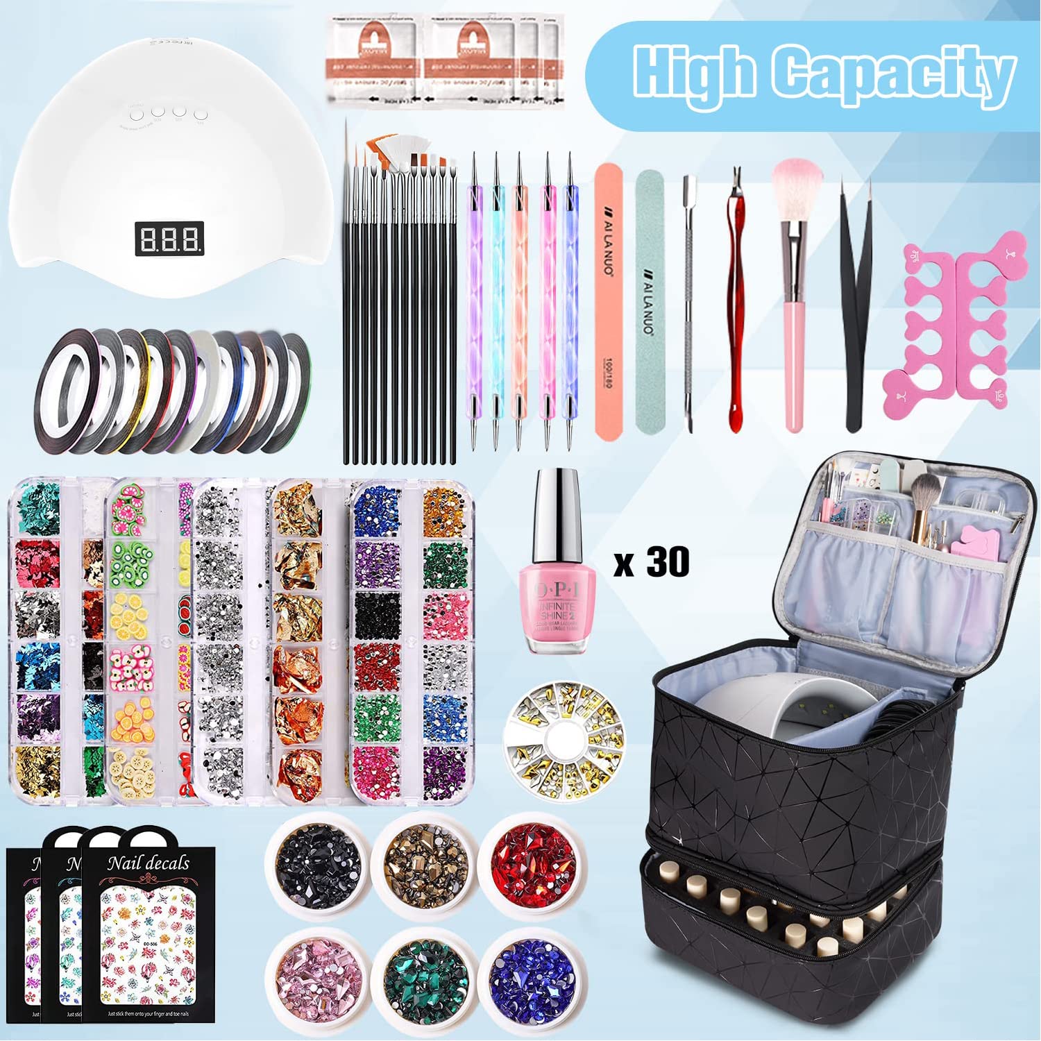 CTWWFS PU Leather Nail Polish Organizer and Nail Lamp Case, Nail Kit Organizer Holds 30+ Bottles (15ml - 0.5 fl.oz) and a Nail L