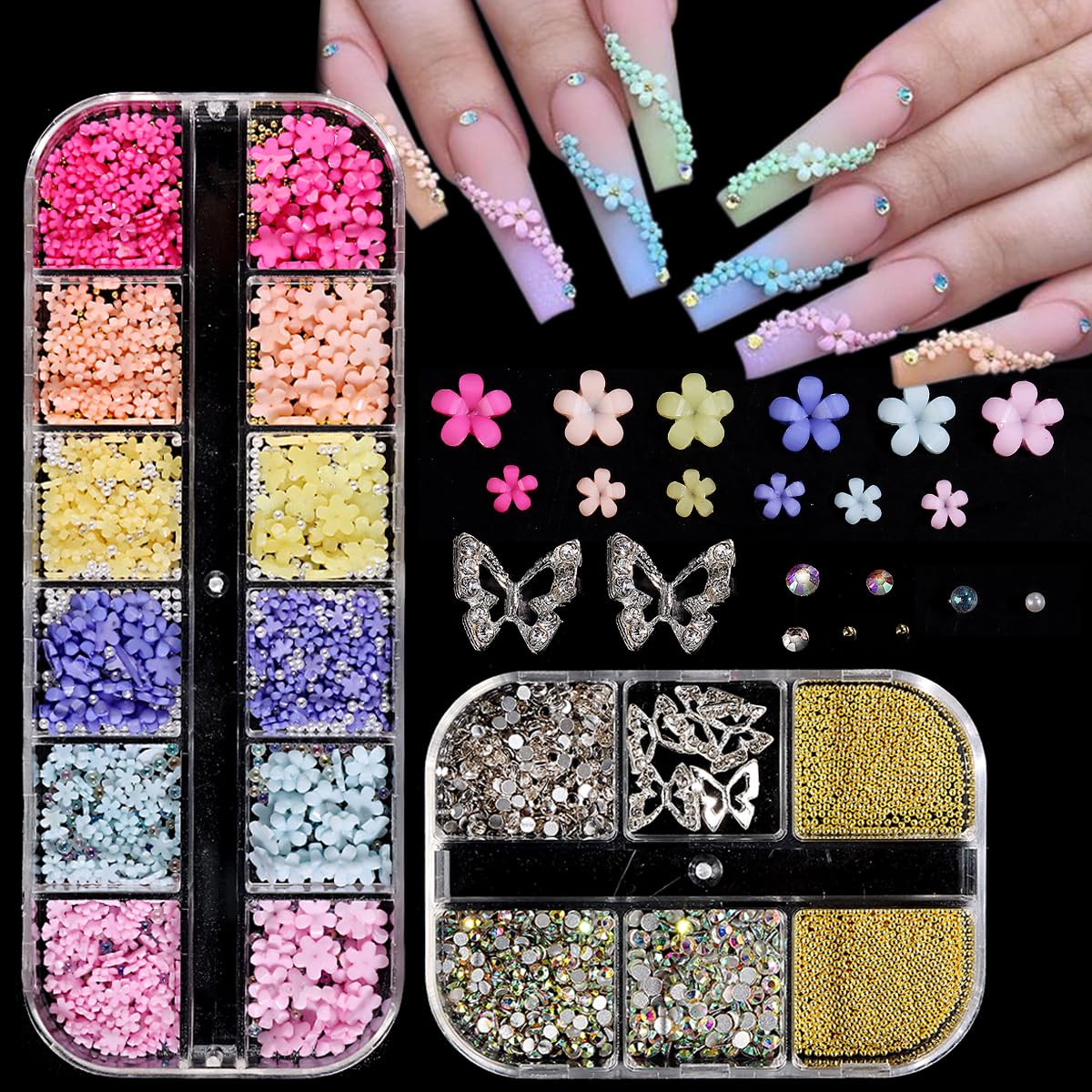 3D Flowers Nail Charms, 3D Pink Pastel Acrylic Flower for Nails, Gold Caviar Beads Nail Decorations Mixed Rhinestones Kit, Cryst